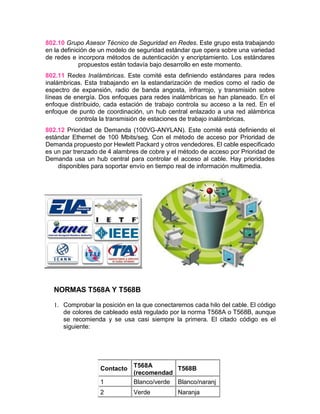 802.10 Grupo Asesor Técnico de Seguridad en Redes. Este grupo esta trabajando
en la definición de un modelo de seguridad estándar que opera sobre una variedad
de redes e incorpora métodos de autenticación y encriptamiento. Los estándares
propuestos están todavía bajo desarrollo en este momento.
802.11 Redes Inalámbricas. Este comité esta definiendo estándares para redes
inalámbricas. Esta trabajando en la estandarización de medios como el radio de
espectro de expansión, radio de banda angosta, infrarrojo, y transmisión sobre
líneas de energía. Dos enfoques para redes inalámbricas se han planeado. En el
enfoque distribuido, cada estación de trabajo controla su acceso a la red. En el
enfoque de punto de coordinación, un hub central enlazado a una red alámbrica
controla la transmisión de estaciones de trabajo inalámbricas.
802.12 Prioridad de Demanda (100VG-ANYLAN). Este comité está definiendo el
estándar Ethernet de 100 Mbits/seg. Con el método de acceso por Prioridad de
Demanda propuesto por Hewlett Packard y otros vendedores. El cable especificado
es un par trenzado de 4 alambres de cobre y el método de acceso por Prioridad de
Demanda usa un hub central para controlar el acceso al cable. Hay prioridades
disponibles para soportar envío en tiempo real de información multimedia.
NORMAS T568A Y T568B
1. Comprobar la posición en la que conectaremos cada hilo del cable. El código
de colores de cableado está regulado por la norma T568A o T568B, aunque
se recomienda y se usa casi siempre la primera. El citado código es el
siguiente:
Contacto T568A
(recomendad
T568B
1 Blanco/verde Blanco/naranj
a
2 Verde Naranja
 