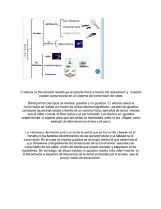 El medio de transmisión constituye el soporte físico a través del cual emisor y receptor
pueden comunicarse en un sistema de transmisión de datos.
Distinguimos dos tipos de medios: guiados y no guiados. En ambos casos la
transmisión se realiza por medio de ondas electromagnéticas. Los medios guiados
conducen (guían) las ondas a través de un camino físico, ejemplos de estos medios
son el cable coaxial, la fibra óptica y el par trenzado. Los medios no guiados
proporcionan un soporte para que las ondas se transmitan, pero no las dirigen; como
ejemplo de ellos tenemos el aire y el vacío.
La naturaleza del medio junto con la de la señal que se transmite a través de él
constituye los factores determinantes de las características y la calidad de la
transmisión. En el caso de medios guiados es el propio medio el que determina el
que determina principalmente las limitaciones de la transmisión: velocidad de
transmisión de los datos, ancho de banda que puede soportar y espaciado entre
repetidores. Sin embargo, al utilizar medios no guiados resulta más determinante en
la transmisión el espectro de frecuencia de la señal producida por la antena que el
propio medio de transmisión.
 
