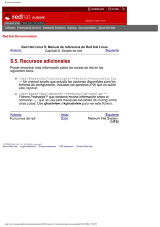 Recursos adicionales

Go
United Kingdom

Red Hat Documentation

Red Hat Linux 9: Manual de referencia de Red Hat Linux
Anterior
Siguiente
Capítulo 8. Scripts de red

8.5. Recursos adicionales
Puede encontrar más información sobre los scripts de red en los
siguientes sitios.
q

q

/usr/share/doc/initscripts-<version>/sysconfig.txt
— Un manual amplio que estudia las opciones disponibles para los
ficheros de configuración, incluidas las opciones IPv6 que no cubre
este capítulo.
/usr/share/doc/iproute-<version>/ip-cref.ps —
Fichero Postscript™ que contiene mucha información sobre el
comando ip, que se usa para manipular las tablas de routing, entre
otras cosas. Use ghostview o kghostview para ver este fichero.

Anterior
Funciones de red

Inicio
Subir

Siguiente
Network File System
(NFS)

© 2004 Red Hat, Inc. All rights reserved.
About Red Hat : Legal statement : Privacy statement : Y2K statement : Contact Red Hat

http://www.europe.redhat.com/documentation/rhl9/rhl-rg-es-9/s1-networkscripts-resources.php319/01/2004 17:50:59

 