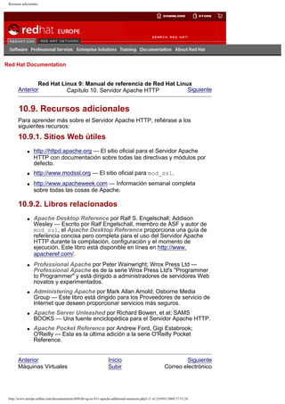 Recursos adicionales

Go
United Kingdom

Red Hat Documentation

Red Hat Linux 9: Manual de referencia de Red Hat Linux
Anterior
Siguiente
Capítulo 10. Servidor Apache HTTP

10.9. Recursos adicionales
Para aprender más sobre el Servidor Apache HTTP, refiérase a los
siguientes recursos:

10.9.1. Sitios Web útiles
q

q

q

http://httpd.apache.org — El sitio oficial para el Servidor Apache
HTTP con documentación sobre todas las directivas y módulos por
defecto.
http://www.modssl.org — El sitio oficial para mod_ssl.
http://www.apacheweek.com — Información semanal completa
sobre todas las cosas de Apache.

10.9.2. Libros relacionados
q

q

q

q

q

Apache Desktop Reference por Ralf S. Engelschall; Addison
Wesley — Escrito por Ralf Engelschall, miembro de ASF y autor de
mod_ssl, el Apache Desktop Reference proporciona una guía de
referencia concisa pero completa para el uso del Servidor Apache
HTTP durante la compilación, configuración y el momento de
ejecución. Este libro está disponible en línea en http://www.
apacheref.com/.
Professional Apache por Peter Wainwright; Wrox Press Ltd —
Professional Apache es de la serie Wrox Press Ltd's "Programmer
to Programmer" y está dirigido a administradores de servidores Web
novatos y experimentados.
Administering Apache por Mark Allan Arnold; Osborne Media
Group — Este libro está dirigido para los Proveedores de servicio de
Internet que deseen proporcionar servicios más seguros.
Apache Server Unleashed por Richard Bowen, et al; SAMS
BOOKS — Una fuente enciclopédica para el Servidor Apache HTTP.
Apache Pocket Reference por Andrew Ford, Gigi Estabrook;
O'Reilly — Esta es la última adición a la serie O'Reilly Pocket
Reference.

Anterior
Máquinas Virtuales

Inicio
Subir

Siguiente
Correo electrónico

http://www.europe.redhat.com/documentation/rhl9/rhl-rg-es-9/s1-apache-additional-resources.php3 (1 of 2)19/01/2004 17:51:24

 