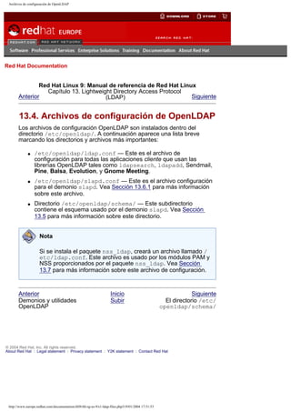Archivos de configuración de OpenLDAP

Go
United Kingdom

Red Hat Documentation

Red Hat Linux 9: Manual de referencia de Red Hat Linux
Capítulo 13. Lightweight Directory Access Protocol
Anterior
Siguiente
(LDAP)

13.4. Archivos de configuración de OpenLDAP
Los archivos de configuración OpenLDAP son instalados dentro del
directorio /etc/openldap/. A continuación aparece una lista breve
marcando los directorios y archivos más importantes:
q

q

q

/etc/openldap/ldap.conf — Este es el archivo de
configuración para todas las aplicaciones cliente que usan las
librerías OpenLDAP tales como ldapsearch, ldapadd, Sendmail,
Pine, Balsa, Evolution, y Gnome Meeting.
/etc/openldap/slapd.conf — Este es el archivo configuración
para el demonio slapd. Vea Sección 13.6.1 para más información
sobre este archivo.
Directorio /etc/openldap/schema/ — Este subdirectorio
contiene el esquema usado por el demonio slapd. Vea Sección
13.5 para más información sobre este directorio.
Nota
Si se instala el paquete nss_ldap, creará un archivo llamado /
etc/ldap.conf. Este archivo es usado por los módulos PAM y
NSS proporcionados por el paquete nss_ldap. Vea Sección
13.7 para más información sobre este archivo de configuración.

Anterior
Demonios y utilidades
OpenLDAP

Inicio
Subir

Siguiente
El directorio /etc/
openldap/schema/

© 2004 Red Hat, Inc. All rights reserved.
About Red Hat : Legal statement : Privacy statement : Y2K statement : Contact Red Hat

http://www.europe.redhat.com/documentation/rhl9/rhl-rg-es-9/s1-ldap-files.php319/01/2004 17:51:53

 