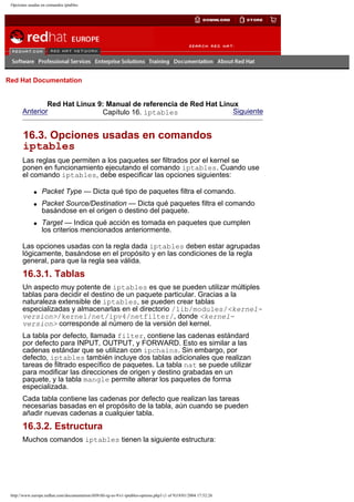 Opciones usadas en comandos iptables

Go
United Kingdom

Red Hat Documentation

Red Hat Linux 9: Manual de referencia de Red Hat Linux
Anterior
Siguiente
Capítulo 16. iptables

16.3. Opciones usadas en comandos
iptables
Las reglas que permiten a los paquetes ser filtrados por el kernel se
ponen en funcionamiento ejecutando el comando iptables. Cuando use
el comando iptables, debe especificar las opciones siguientes:
q
q

q

Packet Type — Dicta qué tipo de paquetes filtra el comando.
Packet Source/Destination — Dicta qué paquetes filtra el comando
basándose en el origen o destino del paquete.
Target — Indica qué acción es tomada en paquetes que cumplen
los criterios mencionados anteriormente.

Las opciones usadas con la regla dada iptables deben estar agrupadas
lógicamente, basándose en el propósito y en las condiciones de la regla
general, para que la regla sea válida.

16.3.1. Tablas
Un aspecto muy potente de iptables es que se pueden utilizar múltiples
tablas para decidir el destino de un paquete particular. Gracias a la
naturaleza extensible de iptables, se pueden crear tablas
especializadas y almacenarlas en el directorio /lib/modules/<kernelversion>/kernel/net/ipv4/netfilter/, donde <kernelversion> corresponde al número de la versión del kernel.
La tabla por defecto, llamada filter, contiene las cadenas estándard
por defecto para INPUT, OUTPUT, y FORWARD. Esto es similar a las
cadenas estándar que se utilizan con ipchains. Sin embargo, por
defecto, iptables también incluye dos tablas adicionales que realizan
tareas de filtrado específico de paquetes. La tabla nat se puede utilizar
para modificar las direcciones de origen y destino grabadas en un
paquete, y la tabla mangle permite alterar los paquetes de forma
especializada.
Cada tabla contiene las cadenas por defecto que realizan las tareas
necesarias basadas en el propósito de la tabla, aún cuando se pueden
añadir nuevas cadenas a cualquier tabla.

16.3.2. Estructura
Muchos comandos iptables tienen la siguiente estructura:

http://www.europe.redhat.com/documentation/rhl9/rhl-rg-es-9/s1-iptables-options.php3 (1 of 9)19/01/2004 17:52:26

 