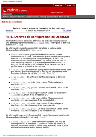 Archivos de configuración de OpenSSH

Go
United Kingdom

Red Hat Documentation

Red Hat Linux 9: Manual de referencia de Red Hat Linux
Anterior
Siguiente
Capítulo 18. Protocolo SSH

18.4. Archivos de configuración de OpenSSH
OpenSSH tiene dos conjuntos diferentes de archivos de configuración:
uno para los programas cliente (ssh, scp, y sftp) y otro para el demonio
del servidor (sshd).
La información de configuración SSH para todo el sistema está
almacenada en el directorio /etc/ssh/:
q

q

q

q

q

q

q

q

q

moduli — Contiene grupos Diffie-Hellman usados para el
intercambio de la clave Diffie-Hellman que es imprescindible para la
construcción de una capa de transporte seguro. Cuando se
intercambian las claves al inicio de una sesión SSH, se crea un
valor secreto y compartido que no puede ser determinado por
ninguna de las partes individualmente. Este valor se usa para
proporcionar la autentificación del host.
ssh_config — El archivo de configuración del sistema cliente SSH
por defecto que se sobreescribe si hay alguno ya presente en el
directorio principal del usuario (~/.ssh/config).
sshd_config — El archivo de configuración para el demonio
sshd.
ssh_host_dsa_key — La clave privada DSA usada por el
demonio sshd.
ssh_host_dsa_key.pub — La clave pública DSA usada por el
demonio sshd.
ssh_host_key — La clave privada RSA usada por el demonio
sshd para la versión 1 del protocolo SSH.
ssh_host_key.pub — La clave pública RSA usada por el
demonio sshd para la versión 1 del protocolo SSH.
ssh_host_rsa_key — La clave privada RSA usada por el
demonio sshd para la versión 2 del protocolo SSH.
ssh_host_rsa_key.pub — La clave pública RSA usada por el
demonio sshd para la versión 2 del protocolo SSH.

La información para la configuración SSH específica para el usuario está
almacenada en el directorio principal ~/.ssh/:
q

authorized_keys — Este archivo que contiene una lista de
claves públicas "autorizadas". Cuando un cliente se conecta al
servidor, el servidor valida al cliente chequeando su clave pública
firmada almacenada dentro de este archivo.

http://www.europe.redhat.com/documentation/rhl9/rhl-rg-es-9/s1-ssh-configfiles.php3 (1 of 2)19/01/2004 17:52:46

 