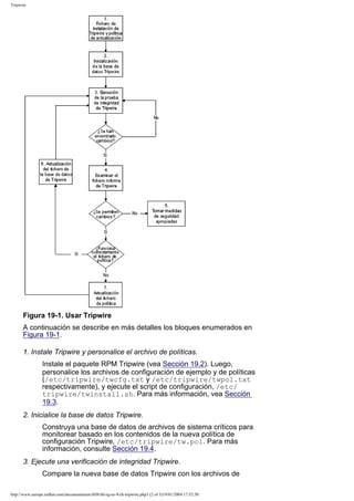 Tripwire

Figura 19-1. Usar Tripwire
A continuación se describe en más detalles los bloques enumerados en
Figura 19-1.
1. Instale Tripwire y personalice el archivo de políticas.
Instale el paquete RPM Tripwire (vea Sección 19.2). Luego,
personalice los archivos de configuración de ejemplo y de políticas
(/etc/tripwire/twcfg.txt y /etc/tripwire/twpol.txt
respectivamente), y ejecute el script de configuración, /etc/
tripwire/twinstall.sh. Para más información, vea Sección
19.3.
2. Inicialice la base de datos Tripwire.
Construya una base de datos de archivos de sistema críticos para
monitorear basado en los contenidos de la nueva política de
configuración Tripwire, /etc/tripwire/tw.pol. Para más
información, consulte Sección 19.4.
3. Ejecute una verificación de integridad Tripwire.
Compare la nueva base de datos Tripwire con los archivos de
http://www.europe.redhat.com/documentation/rhl9/rhl-rg-es-9/ch-tripwire.php3 (2 of 3)19/01/2004 17:52:50

 
