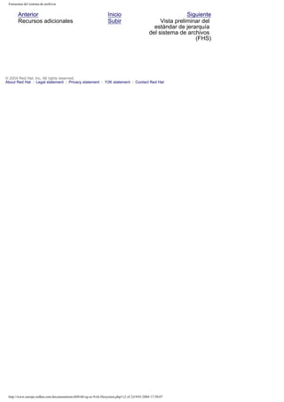 Estructura del sistema de archivos

Anterior
Recursos adicionales

Inicio
Subir

Siguiente
Vista preliminar del
estándar de jerarquía
del sistema de archivos
(FHS)

© 2004 Red Hat, Inc. All rights reserved.
About Red Hat : Legal statement : Privacy statement : Y2K statement : Contact Red Hat

http://www.europe.redhat.com/documentation/rhl9/rhl-rg-es-9/ch-filesystem.php3 (2 of 2)19/01/2004 17:50:07

 