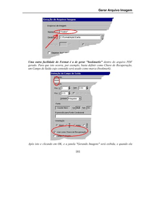 Gerar Arquivo Imagem




Uma outra facilidade do Format é a de gerar "bookmarks" dentro do arquivo PDF
gerado. Para que isto ocorra, por exemplo, basta definir como Chave de Recuperação,
um Campo de Saída cujo conteúdo será usado como marca (bookmark).




Após isto e clicando em OK, e a janela "Gerando Imagens" será exibida, e quando ela

                                     181
 