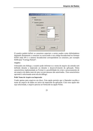 Arquivo de Dados




O usuário poderá definir os caracteres especiais a serem usados como delimitadores
digitando diretamente o caractere ou escrevendo o seu código hexadecimal no formato
0xNN onde NN é o número hexadecimal correspondente ao caractere, por exemplo
0x0D para "Carriage Return".
Arquivo
Utilizando este diálogo, o usuário pode informar se o nome do arquivo de entrada será
definido durante a impressão ou durante o desenvolvimento da aplicação. Outra
característica implementada no Format é a possibilidade de evitar o processamento de
um arquivo de dados mais de uma vez por pessoas não autorizadas.. Esta característica
opcional é selecionada nesta tela de diálogo.
Pedir Nome do Arquivo na Impressão
Usado apenas para arquivos em disco. Esta opção permite que o Operador escolha o
nome do arquivo de dados no início da impressão da aplicação. Caso essa opção não
seja selecionada, o arquivo precisa ser fornecido na opção Nome.


                                         25
 