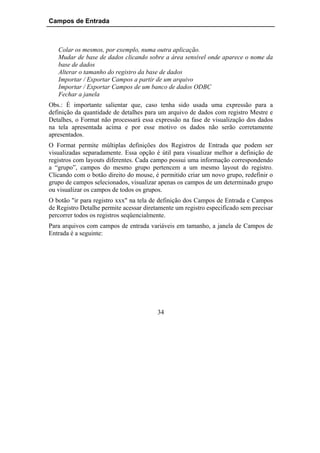 Campos de Entrada



   Colar os mesmos, por exemplo, numa outra aplicação.
   Mudar de base de dados clicando sobre a área sensível onde aparece o nome da
   base de dados
   Alterar o tamanho do registro da base de dados
   Importar / Exportar Campos a partir de um arquivo
   Importar / Exportar Campos de um banco de dados ODBC
   Fechar a janela
Obs.: É importante salientar que, caso tenha sido usada uma expressão para a
definição da quantidade de detalhes para um arquivo de dados com registro Mestre e
Detalhes, o Format não processará essa expressão na fase de visualização dos dados
na tela apresentada acima e por esse motivo os dados não serão corretamente
apresentados.
O Format permite múltiplas definições dos Registros de Entrada que podem ser
visualizadas separadamente. Essa opção é útil para visualizar melhor a definição de
registros com layouts diferentes. Cada campo possui uma informação correspondendo
a “grupo”, campos do mesmo grupo pertencem a um mesmo layout do registro.
Clicando com o botão direito do mouse, é permitido criar um novo grupo, redefinir o
grupo de campos selecionados, visualizar apenas os campos de um determinado grupo
ou visualizar os campos de todos os grupos.
O botão "ir para registro xxx" na tela de definição dos Campos de Entrada e Campos
de Registro Detalhe permite acessar diretamente um registro especificado sem precisar
percorrer todos os registros seqüencialmente.
Para arquivos com campos de entrada variáveis em tamanho, a janela de Campos de
Entrada é a seguinte:




                                         34
 