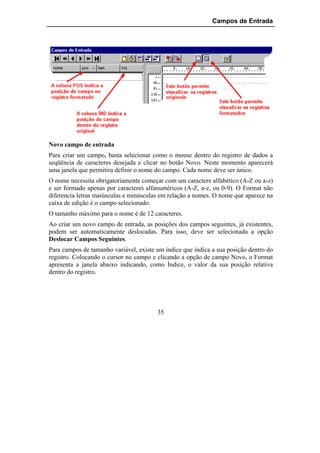 Campos de Entrada




Novo campo de entrada
Para criar um campo, basta selecionar como o mouse dentro do registro de dados a
seqüência de caracteres desejada e clicar no botão Novo. Neste momento aparecerá
uma janela que permitira definir o nome do campo. Cada nome deve ser único.
O nome necessita obrigatoriamente começar com um caractere alfabético (A-Z ou a-z)
e ser formado apenas por caracteres alfanuméricos (A-Z, a-z, ou 0-9). O Format não
diferencia letras maiúsculas e minúsculas em relação a nomes. O nome que aparece na
caixa de edição é o campo selecionado.
O tamanho máximo para o nome é de 12 caracteres.
Ao criar um novo campo de entrada, as posições dos campos seguintes, já existentes,
podem ser automaticamente deslocadas. Para isso, deve ser selecionada a opção
Deslocar Campos Seguintes.
Para campos de tamanho variável, existe um índice que indica a sua posição dentro do
registro. Colocando o cursor no campo e clicando a opção de campo Novo, o Format
apresenta a janela abaixo indicando, como Índice, o valor da sua posição relativa
dentro do registro.




                                        35
 