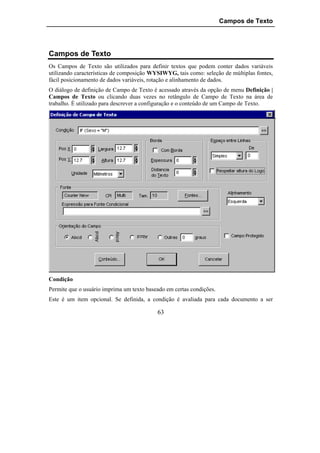 Campos de Texto




Campos de Texto
Os Campos de Texto são utilizados para definir textos que podem conter dados variáveis
utilizando características de composição WYSIWYG, tais como: seleção de múltiplas fontes,
fácil posicionamento de dados variáveis, rotação e alinhamento de dados.
O diálogo de definição de Campo de Texto é acessado através da opção de menu Definição |
Campos de Texto ou clicando duas vezes no retângulo de Campo de Texto na área de
trabalho. É utilizado para descrever a configuração e o conteúdo de um Campo de Texto.




Condição
Permite que o usuário imprima um texto baseado em certas condições.
Este é um item opcional. Se definida, a condição é avaliada para cada documento a ser

                                           63
 