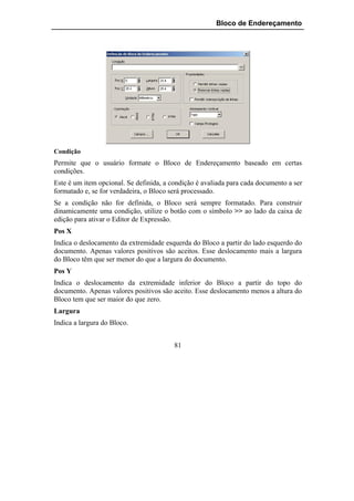 Bloco de Endereçamento




Condição
Permite que o usuário formate o Bloco de Endereçamento baseado em certas
condições.
Este é um item opcional. Se definida, a condição é avaliada para cada documento a ser
formatado e, se for verdadeira, o Bloco será processado.
Se a condição não for definida, o Bloco será sempre formatado. Para construir
dinamicamente uma condição, utilize o botão com o símbolo >> ao lado da caixa de
edição para ativar o Editor de Expressão.
Pos X
Indica o deslocamento da extremidade esquerda do Bloco a partir do lado esquerdo do
documento. Apenas valores positivos são aceitos. Esse deslocamento mais a largura
do Bloco têm que ser menor do que a largura do documento.
Pos Y
Indica o deslocamento da extremidade inferior do Bloco a partir do topo do
documento. Apenas valores positivos são aceito. Esse deslocamento menos a altura do
Bloco tem que ser maior do que zero.
Largura
Indica a largura do Bloco.


                                         81
 