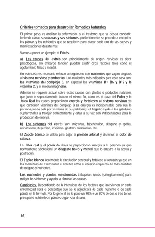 16
Criterios tomados para desarrollar Remedios Naturales
El primer paso es analizar la enfermedad o el trastorno que se desea combatir,
teniendo claras sus causas y sus síntomas, posteriormente se procede a encontrar
las plantas y los nutrientes que se requieren para atacar cada una de las causas y
manifestaciones de este mal.
Vamos a poner un ejemplo: el Estrés.
a) Las causas del estrés son principalmente de origen nervioso es decir
psicológicas, sin embargo también pueden existir otros factores tales como el
agotamiento físico o mental.
En este caso es necesario reforzar al organismo con nutrientes que vayan dirigidos
al sistema nervioso y endocrino. Los nutrientes más indicados para este caso son:
las vitaminas del complejo B, en especial las vitaminas B1, B6 y B12 y la
vitamina C, y el mineral magnesio.
Además se requiere actuar sobre estas causas con plantas o productos naturales
que junto o separadamente buscan el mismo fin, como es el caso del Polen y la
Jalea Real las cuales proporcionan energía y fortalecen al sistema nervioso ya
que contienen vitaminas del complejo B (la energía es indispensable para que la
persona pueda salir por si misma de su problema), el Regaliz ayuda a las glándulas
suprarrenales a trabajar correctamente y estas a su vez son indispensables para la
producción de energía.
b) Los síntomas del estrés son: migrañas, hipertensión, desgano y apatía,
nerviosismo, depresión, insomnio, gastritis, sudoración, etc.
El Zapote blanco se utiliza para bajar la presión arterial y disminuir el dolor de
cabeza.
La Jalea real y el polen de abeja le proporcionan energía a la persona ya que
normalmente sobreviene un desgaste físico y mental que lo arrastra a la apatía y
postración.
El Espino blanco incrementa la circulación cerebral y fortalece al corazón ya que en
los momentos de estrés tanto el cerebro como el corazón requieren de más cantidad
de oxigeno y nutrientes.
Los nutrientes y plantas mencionadas trabajarán juntos (sinérgicamente) para
mitigar los síntomas y ayudar a eliminar las causas.
Cantidades. Dependiendo de la intensidad de los factores que intervienen en cada
enfermedad será el porcentaje que se le adjudicará de cada nutriente o de cada
planta en la fórmula. Por lo general se le pone un 70% ó un 80% de dos o tres de los
principales nutrientes o plantas según sea el caso.
 
