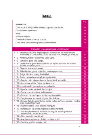 3
ÍNDICE
Pág.
Introducción. 5
Cómo y cuánto tiempo deben tomarse los productos naturales. 12
Observaciones importantes. 14
Niños. 14
Personas mayores. 15
Criterios de elaboración de las fórmulas. 16
Como iniciar un tratamiento para restablecer la salud. 17
Fórmulas y sus propiedades medicinales
N ° 1 - Antibiótico natural de amplio espectro. Refuerza con eficacia el Sistema
Inmunológico. Combate infecciones, bacterias, virus, hongos, parásitos, etc. 20
N ° 2 - Artritis reumática y osteoartritis, Gota, Lupus. 23
N ° 3 - Colesterol, grasa en la sangre. 27
N ° 5 - Desintoxicante general del organismo; del hígado, del riñón, del sistema
linfático y de la sangre, etc.
30
N ° 6 - Diabetes, azúcar en la sangre. 33
N ° 7 - Mala digestión, gases, indigestión, estómago perezoso. 36
N ° 8 - Fatiga, falta de energía y de vitalidad. 39
N ° 9 - Estrés, cansancio mental y físico, agotamiento. 42
N ° 10 - Gastritis, colitis, úlcera estomacal, hernia hiatal, hiperacidez. 45
N ° 11 - Hipertensión arterial. Baja la presión arterial. 48
N ° 12 - Laxante medio, estreñimiento y constipación. 50
N ° 13 - Migraña, cefalea tensional, dolor de ojos. 53
N ° 14 - Contracturas musculares, Multiminerales. 55
N ° 15 - Obesidad, exceso de peso, apetito excesivo, celulitis. 58
N ° 16 - Energía sexual, impotencia, frigidez, falta de libido. 62
N ° 17 - Memoria, falta de concentración mental, mal de Alzheimer, embolia cerebral,
mala circulación cerebral.
65
N ° 18 - Insomnio, falta de sueño o sueño intranquilo. 67
N ° 19 - Menopausia y sus efectos negativos, balance hormonal. 70
N ° 20 - Síndrome premenstrual, menstruación irregular, dolores y malestar
premenstrual, cambios de carácter.
72
N ° 21 - Gripe, bronquitis, sinusitis, etc. 75
N ° 22 - Acné, barros y problemas de infecciones en la piel. 77
N ° 23 - Parásitos, amebas, lombrices, etc. 80
 