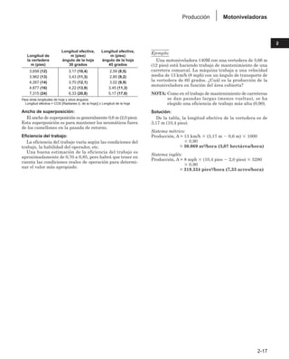 Motoniveladoras
Producción
2-17
2
Longitud efectiva, Longitud efectiva,
Longitud de m (pies) m (pies)
la vertedera ángulo de la hoja ángulo de la hoja
m (pies) 30 grados 45 grados
3,658 (12) 3,17 (10,4) 2,59 (8,5)
3,962 (13) 3,43 (11,3) 2,80 (9,2)
4,267 (14) 3,70 (12,1) 3,02 (9,9)
4,877 (16) 4,22 (13,9) 3,45 (11,3)
7,315 (24) 6,33 (20,8) 5,17 (17,0)
Para otras longitudes de hoja y otros ángulos:
Longitud efectiva = COS [Radianes (L de la hoja)] x Longitud de la hoja
Ancho de superposición:
El ancho de superposición es generalmente 0,6 m (2,0 pies).
Esta superposición es para mantener los neumáticos fuera
de los camellones en la pasada de retorno.
Eficiencia del trabajo:
La eficiencia del trabajo varía según las condiciones del
trabajo, la habilidad del operador, etc.
Una buena estimación de la eficiencia del trabajo es
aproximadamente de 0,70 a 0,85, pero habrá que tener en
cuenta las condiciones reales de operación para determi-
nar el valor más apropiado.
Ejemplo:
Una motoniveladora 140M con una vertedera de 3,66 m
(12 pies) está haciendo trabajo de mantenimiento de una
carretera comarcal. La máquina trabaja a una velocidad
media de 13 km/h (8 mph) con un ángulo de transporte de
la vertedera de 60 grados. ¿Cuál es la producción de la
motoniveladora en función del área cubierta?
NOTA: Como en el trabajo de mantenimiento de carreteras
se dan pasadas largas (menos vueltas), se ha
elegido una eficiencia de trabajo más alta (0,90).
Solución:
De la tabla, la longitud efectiva de la vertedera es de
3,17 m (10,4 pies).
Sistema métrico:
Producción, A = 13 km/h ⫻ (3,17 m ⫺ 0,6 m) ⫻ 1000
⫻ 0,90
Production, A = 30.069 m2/hora (3,07 hectárea/hora)
Sistema inglés:
Producción, A = 8 mph ⫻ (10,4 pies ⫺ 2,0 pies) ⫻ 5280
⫻ 0,90
Production, A = 319.334 pies2/hora (7,33 acres/hora)
 