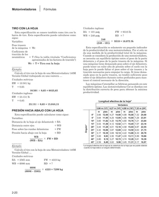 2-20
Motoniveladoras Fórmulas
TIRO CON LA HOJA
Esta especificación se conoce también como tiro con la
barra de tiro. Esta especificación puede calcularse como
sigue:
Variables:
Peso trasero
de la máquina = Wr
Coeficiente de
tracción de los
neumáticos = T (Vea la tabla titulada “Coeficientes
aproximados de los factores de tracción”)
Wr ⫻ T = Tiro con la hoja
Ejemplo:
Calcule el tiro con la hoja de una Motoniveladora 140M
Versión Global trabajando en una cantera …
Unidades métricas
RW = 10.501 kg
T = 0,65
10.501 ⫻ 0,65 = 6825,65
Unidades inglesas
RW = 23.151 lb
T = 0,65
23.151 ⫻ 0,65 = 15.048,15
PRESIÓN HACIA ABAJO CON LA HOJA
Esta especificación puede calcularse como sigue:
Variables:
Distancia de la hoja al eje delanteroh = BA
Distancia entre ejes = WB
Peso sobre las ruedas delanteras = FW
Presión hacia abajo con la hoja = BD
Ejemplo:
Calcule el tiro con la hoja de una Motoniveladora 140M
Versión Global …
Unidades métricas
BA = 2565 mm FW = 4223 kg
WB = 6086 mm BD = ?
Unidades inglesas
BA = 101 pulg FW = 9310 lb
WB = 240 pulg BD = ?
Esta especificación es solamente un pequeño indicador
de la productividad de una motoniveladora. Por sí sola no
da una medida de la productividad total de la máquina.
Cuando se considera la producción de una motoniveladora,
se necesita un equilibrio óptimo entre el peso de la parte
delantera y el peso de la parte trasera de la máquina. Si
una máquina tiene demasiado peso sobre el eje delantero,
puede tener un valor alto de presión sobre el suelo con la
hoja pero le puede faltar el peso sobre el eje trasero y la
tracción necesarios para empujar la carga. Si tiene dema-
siado peso en la parte trasera, no tendrá suficiente peso
sobre el eje delantero durante cortes profundos para man-
tener el control necesario de la dirección.
Las máquinas Caterpillar se fabrican pensando en este
equilibrio óptimo. Las motoniveladoras Cat se diseñan con
la distribución correcta de peso para obtener la máxima
productividad.
Longitud efectiva de la hoja*
Vertedera
3,66 m (12') 4,27 m (14') 4,88 m (16') 7,32 m (24')
m pies m pies m pies m pies
0° 3,66 12,00 4,27 14,00 4,88 16,00 7,32 24,00
5° 3,64 11,95 4,25 13,95 4,86 15,94 7,29 23,91
10° 3,60 11,82 4,20 13,79 4,80 15,76 7,21 23,64
15° 3,53 11,59 4,12 13,52 4,71 15,45 7,07 23,18
20° 3,44 11,28 4,01 13,16 4,58 15,04 6,87 22,55
25° 3,32 10,88 3,87 12,69 4,42 14,50 6,63 21,75
30° 3,17 10,39 3,69 12,12 4,22 13,86 6,33 20,78
35° 3,00 19,83 3,50 11,47 4,00 13,11 5,99 19,66
40° 2,80 19,19 3,27 10,72 3,74 12,26 5,61 18,39
45° 2,59 18,49 3,02 19,90 3,45 11,31 5,17 16,97
*La longitud efectiva de la hoja es la cobertura de la hoja que se puede obtener
cuando la hoja está a un ángulo determinado.
Ángulo°
9310 = 16.075 lb
⫻
240
(240 – 101)
4223 = 7299 kg
⫻
6086
(6086 – 2565)
FW = BD
⫻
WB
(WB – BA)
 