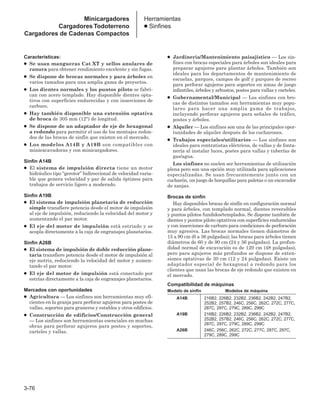 Características:
● Se usan mangueras Cat XT y sellos anulares de
ranura para obtener rendimiento excelente y sin fugas.
● Se dispone de brocas normales y para árboles en
varios tamaños para una amplia gama de proyectos.
● Los dientes normales y los puntos piloto se fabri-
can con acero templado. Hay disponible dientes opta-
tivos con superficies endurecidas y con inserciones de
carburo.
● Hay también disponible una extensión optativa
de broca de 305 mm (12) de longitud.
● Se dispone de un adaptador de eje de hexagonal
a redondo para permitir el uso de los montajes redon-
dos de las brocas de sinfín que existen en el mercado.
● Los modelos A14B y A19B son compatibles con
miniexcavadoras y con minicargadores.
Sinfín A14B
● El sistema de impulsión directa tiene un motor
hidráulico tipo “gerotor” bidireccional de velocidad varia-
ble que genera velocidad y par de salida óptimos para
trabajos de servicio ligero a moderado.
Sinfín A19B
● El sistema de impulsión planetaria de reducción
simple transfiere potencia desde el motor de impulsión
al eje de impulsión, reduciendo la velocidad del motor y
aumentando el par motor.
● El eje del motor de impulsión está estriado y se
acopla directamente a la caja de engranajes planetarios.
Sinfín A26B
● El sistema de impulsión de doble reducción plane-
taria transfiere potencia desde el motor de impulsión al
eje motriz, reduciendo la velocidad del motor y aumen-
tando el par motor.
● El eje del motor de impulsión está conectado por
estrías directamente a la caja de engranajes planetarios.
Mercados con oportunidades
● Agricultura — Los sinfines son herramientas muy efi-
cientes en la granja para perforar agujeros para postes de
vallas, soportes para graneros y establos y otros edificios.
● Construcción de edificios/Construcción general
— Los sinfines son herramientas esenciales en muchas
obras para perforar agujeros para postes y soportes,
carteles y vallas.
● Jardinería/Mantenimiento paisajístico — Los sin-
fines con brocas especiales para árboles son ideales para
preparar agujeros para plantar árboles. También son
ideales para los departamentos de mantenimiento de
escuelas, parques, campos de golf y parques de recreo
para perforar agujeros para soportes en zonas de juego
infantiles, árboles y arbustos, postes para vallas y carteles.
● Gubernamental/Municipal — Los sinfines con bro-
cas de distintos tamaños son herramientas muy popu-
lares para hacer una amplia gama de trabajos,
incluyendo perforar agujeros para señales de tráfico,
postes y árboles.
● Alquiler — Los sinfines son una de las principales opor-
tunidades de alquiler después de los cucharones.
● Trabajos especiales/utilitarios — Los sinfines son
ideales para contratistas eléctricos, de vallas y de fonta-
nería al instalar luces, postes para vallas y tuberías de
gas/agua.
Los sinfines no suelen ser herramientas de utilización
plena pero son una opción muy utilizada para aplicaciones
especializadas. Se usan frecuentemente junto con un
cucharón, un juego de horquillas para paletas o un excavador
de zanjas.
Brocas de sinfín
Hay disponibles brocas de sinfín en configuración normal
y para árboles, con templado normal, dientes reversibles
y puntos pilotos fundidos/templados. Se dispone también de
dientes y puntos piloto optativos con superficies endurecidas
y con inserciones de carburo para condiciones de perforación
muy agresiva. Las brocas normales tienen diámetros de
15 a 90 cm (6 a 36 pulgadas); las brocas para árboles tienen
diámetros de 60 y de 90 cm (24 y 36 pulgadas). La profun-
didad normal de excavación es de 120 cm (48 pulgadas),
pero para agujeros más profundos se dispone de exten-
siones optativas de 30 cm (12 y 24 pulgadas). Existe un
adaptador especial de hexagonal a redondo para los
clientes que usan las brocas de eje redondo que existen en
el mercado.
Compatibilidad de máquinas
Modelo de sinfín Modelos de máquina
A14B 216B2, 226B2, 232B2, 236B2, 242B2, 247B2,
252B2, 257B2, 246C, 256C, 262C, 272C, 277C,
287C, 297C, 279C, 289C, 299C
A19B 216B2, 226B2, 232B2, 236B2, 242B2, 247B2,
252B2, 257B2, 246C, 256C, 262C, 272C, 277C,
287C, 297C, 279C, 289C, 299C
A26B 246C, 256C, 262C, 272C, 277C, 287C, 297C,
279C, 289C, 299C
3-76
Minicargadores
Cargadores Todoterreno
Cargadores de Cadenas Compactos
Herramientas
● Sinfines
 