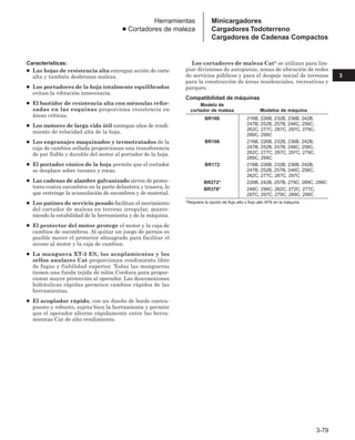 Características:
● Las hojas de resistencia alta entregan acción de corte
alta y también desbrozan maleza.
● Los portadores de la hoja totalmente equilibrados
evitan la vibración innecesaria.
● El bastidor de resistencia alta con ménsulas refor-
zadas en las esquinas proporciona resistencia en
áreas críticas.
● Los motores de larga vida útil entregan años de rendi-
miento de velocidad alta de la hoja.
● Los engranajes maquinados y termotratados de la
caja de cambios sellada proporcionan una transferencia
de par fiable y durable del motor al portador de la hoja.
● El portador cónico de la hoja permite que el cortador
se desplace sobre tocones y rocas.
● Las cadenas de alambre galvanizado sirven de protec-
tores contra escombros en la parte delantera y trasera, lo
que restringe la acumulación de escombros y de material.
● Los patines de servicio pesado facilitan el movimiento
del cortador de maleza en terreno irregular, mante-
niendo la estabilidad de la herramienta y de la máquina.
● El protector del motor protege el motor y la caja de
cambios de escombros. Al quitar un juego de pernos es
posible mover el protector abisagrado para facilitar el
acceso al motor y la caja de cambios.
● La manguera XT-3 ES, los acoplamientos y los
sellos anulares Cat proporcionan rendimiento libre
de fugas y fiabilidad superior. Todas las mangueras
tienen una funda tejida de nilón Cordura para propor-
cionar mayor protección al operador. Las desconexiones
hidráulicas rápidas permiten cambios rápidos de las
herramientas.
● El acoplador rápido, con un diseño de borde contra-
puesto y robusto, sujeta bien la herramienta y permite
que el operador alterne rápidamente entre las herra-
mientas Cat de alto rendimiento.
Los cortadores de maleza Cat® se utilizan para lim-
piar divisiones de autopistas, zonas de ubicación de redes
de servicios públicos y para el despeje inicial de terrenos
para la construcción de áreas residenciales, recreativas y
parques.
Compatibilidad de máquinas
Modelo de
cortador de maleza Modelos de máquina
BR160 216B, 226B, 232B, 236B, 242B,
247B, 252B, 257B, 246C, 256C,
262C, 277C, 287C, 297C, 279C,
289C, 299C
BR166 216B, 226B, 232B, 236B, 242B,
247B, 252B, 257B, 246C, 256C,
262C, 277C, 287C, 297C, 279C,
289C, 299C
BR172 216B, 226B, 232B, 236B, 242B,
247B, 252B, 257B, 246C, 256C,
262C, 277C, 287C, 297C
BR272* 226B, 242B, 257B, 279C, 289C, 299C
BR378* 246C, 256C, 262C, 272C, 277C,
287C, 297C, 279C, 289C, 299C
*Requiere la opción de flujo alto o flujo alto XPS en la máquina.
3-79
3
Herramientas
● Cortadores de maleza
Minicargadores
Cargadores Todoterreno
Cargadores de Cadenas Compactos
 