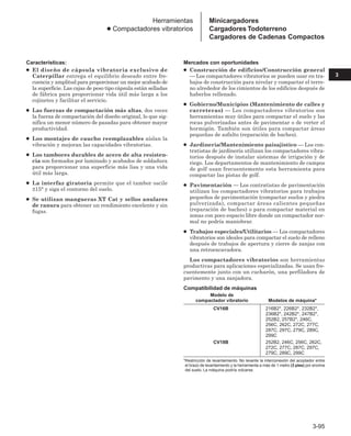 3-95
3
Herramientas
● Compactadores vibratorios
Características:
● El diseño de cápsula vibratoria exclusivo de
Caterpillar entrega el equilibrio deseado entre fre-
cuencia y amplitud para proporcionar un mejor acabado de
la superficie. Las cajas de peso tipo cápsula están selladas
de fábrica para proporcionar vida útil más larga a los
cojinetes y facilitar el servicio.
● Las fuerzas de compactación más altas, dos veces
la fuerza de compactación del diseño original, lo que sig-
nifica un menor número de pasadas para obtener mayor
productividad.
● Los montajes de caucho reemplazables aíslan la
vibración y mejoran las capacidades vibratorias.
● Los tambores durables de acero de alta resisten-
cia son formados por laminado y acabados de soldadura
para proporcionar una superficie más lisa y una vida
útil más larga.
● La interfaz giratoria permite que el tambor oscile
±15° y siga el contorno del suelo.
● Se utilizan mangueras XT Cat y sellos anulares
de ranura para obtener un rendimiento excelente y sin
fugas.
Mercados con oportunidades
● Construcción de edificios/Construcción general
— Los compactadores vibratorios se pueden usar en tra-
bajos de construcción para nivelar y compactar el terre-
no alrededor de los cimientos de los edificios después de
haberlos rellenado.
● Gobierno/Municipios (Mantenimiento de calles y
carreteras) — Los compactadores vibratorios son
herramientas muy útiles para compactar el suelo y las
rocas pulverizadas antes de pavimentar o de verter el
hormigón. También son útiles para compactar áreas
pequeñas de asfalto (reparación de baches).
● Jardinería/Mantenimiento paisajístico — Los con-
tratistas de jardinería utilizan los compactadores vibra-
torios después de instalar sistemas de irrigación y de
riego. Los departamentos de mantenimiento de campos
de golf usan frecuentemente esta herramienta para
compactar las pistas de golf.
● Pavimentación — Los contratistas de pavimentación
utilizan los compactadores vibratorios para trabajos
pequeños de pavimentación (compactar suelos y piedra
pulverizada), compactar áreas calientes pequeñas
(reparación de baches) o para compactar material en
zonas con poco espacio libre donde un compactador nor-
mal no podría maniobrar.
● Trabajos especiales/Utilitarios — Los compactadores
vibratorios son ideales para compactar el suelo de relleno
después de trabajos de apertura y cierre de zanjas con
una retroexcavadora.
Los compactadores vibratorios son herramientas
productivas para aplicaciones especializadas. Se usan fre-
cuentemente junto con un cucharón, una perfiladora de
pavimento y una zanjadora.
Compatibilidad de máquinas
Modelo de
compactador vibratorio Modelos de máquina*
CV16B 216B2*, 226B2*, 232B2*,
236B2*, 242B2*, 247B2*,
252B2, 257B2*, 246C,
256C, 262C, 272C, 277C,
287C, 297C, 279C, 289C,
299C
CV18B 252B2, 246C, 256C, 262C,
272C, 277C, 287C, 297C,
279C, 289C, 299C
*Restricción de levantamiento. No levante la interconexión del acoplador entre
el brazo de levantamiento y la herramienta a más de 1 metro (3 pies) por encima
del suelo. La máquina podría volcarse.
Minicargadores
Cargadores Todoterreno
Cargadores de Cadenas Compactos
 