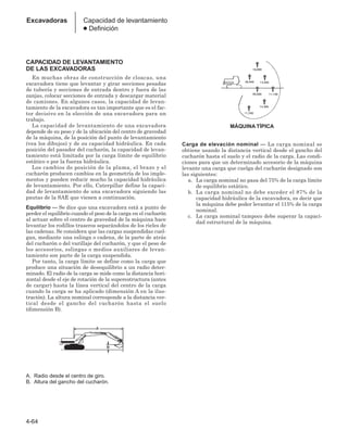 4-64
Excavadoras Capacidad de levantamiento
● Definición
CAPACIDAD DE LEVANTAMIENTO
DE LAS EXCAVADORAS
En muchas obras de construcción de cloacas, una
excavadora tiene que levantar y girar secciones pesadas
de tubería y secciones de entrada dentro y fuera de las
zanjas, colocar secciones de entrada y descargar material
de camiones. En algunos casos, la capacidad de levan-
tamiento de la excavadora es tan importante que es el fac-
tor decisivo en la elección de una excavadora para un
trabajo.
La capacidad de levantamiento de una excavadora
depende de su peso y de la ubicación del centro de gravedad
de la máquina, de la posición del punto de levantamiento
(vea los dibujos) y de su capacidad hidráulica. En cada
posición del pasador del cucharón, la capacidad de levan-
tamiento está limitada por la carga límite de equilibrio
estático o por la fuerza hidráulica.
Los cambios de posición de la pluma, el brazo y el
cucharón producen cambios en la geometría de los imple-
mentos y pueden reducir mucho la capacidad hidráulica
de levantamiento. Por ello, Caterpillar define la capaci-
dad de levantamiento de una excavadora siguiendo las
pautas de la SAE que vienen a continuación.
Equilibrio — Se dice que una excavadora está a punto de
perder el equilibrio cuando el peso de la carga en el cucharón
al actuar sobre el centro de gravedad de la máquina hace
levantar los rodillos traseros separándolos de los rieles de
las cadenas. Se considera que las cargas suspendidas cuel-
gan, mediante una eslinga o cadena, de la parte de atrás
del cucharón o del varillaje del cucharón, y que el peso de
los accesorios, eslingas o medios auxiliares de levan-
tamiento son parte de la carga suspendida.
Por tanto, la carga límite se define como la carga que
produce una situación de desequilibrio a un radio deter-
minado. El radio de la carga se mide como la distancia hori-
zontal desde el eje de rotación de la superestructura (antes
de cargar) hasta la línea vertical del centro de la carga
cuando la carga se ha aplicado (dimensión A en la ilus-
tración). La altura nominal corresponde a la distancia ver-
tical desde el gancho del cucharón hasta el suelo
(dimensión B).
A. Radio desde el centro de giro.
B. Altura del gancho del cucharón.
MÁQUINA TÍPICA
Carga de elevación nominal — La carga nominal se
obtiene usando la distancia vertical desde el gancho del
cucharón hasta el suelo y el radio de la carga. Las condi-
ciones para que un determinado accesorio de la máquina
levante una carga que cuelga del cucharón designado son
las siguientes:
a. La carga nominal no pasa del 75% de la carga límite
de equilibrio estático.
b. La carga nominal no debe exceder el 87% de la
capacidad hidráulica de la excavadora, es decir que
la máquina debe poder levantar el 115% de la carga
nominal.
c. La carga nominal tampoco debe superar la capaci-
dad estructural de la máquina.
 