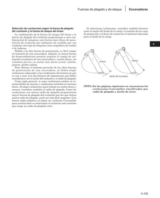 4-105
4
Excavadoras
Fuerzas de plegado y de ataque
Selección de cucharones según la fuerza de plegado
del cucharón y la fuerza de ataque del brazo
La combinación de la fuerza de ataque del brazo y la
fuerza de plegado del cucharón proporcionan a esta con-
figuración de máquina una fuerza más eficaz de pene-
tración de cucharón por milímetro de cuchilla que con
cualquier otro tipo de máquina como cargadores de ruedas
o de cadenas.
Debido a la alta fuerza de penetración, es fácil cargar
el cucharón de una excavadora. Además, la mayor fuerza
de desprendimiento permite ampliar el campo de uti-
lización económica de una excavadora y usarla ahora, sin
voladura previa, en suelos más duros (coral, caliche,
pizarra, piedra caliza).
Para obtener el máximo provecho de las altas fuerzas
de penetración de una excavadora, se deben elegir
cucharones adecuados a las condiciones del terreno en que
se van a usar. Los dos factores de importancia que deben
considerarse son el ancho del cucharón y el radio de plegado.
Como regla general, se usan cucharones anchos en te-
rrenos fáciles de excavar, y cucharones estrechos en terrenos
duros. Al elegir cucharones para trabajo en suelos duros y
rocosos, considere también el radio de plegado. Como los
cucharones con menor radio de plegado proporcionan
mayor fuerza de plegado del cucharón que los que tienen
mayor radio de plegado, suele ser más fácil cargarlos. Una
buena regla empírica al elegir un cucharón Caterpillar
para terreno duro es seleccionar el cucharón más estrecho
que tenga un radio de plegado corto.
Al seleccionar cucharones, considere también factores
como el ancho del fondo de la zanja, el tamaño de las cajas
de protección o el deseo de conservar el material adecuado
para el fondo de la zanja.
NOTA: En las páginas siguientes se encuentran los
cucharones Caterpillar clasificados por
radio de plegado y ancho de corte.
CORTO
RADIO DE PLEGADO
LARGO
 