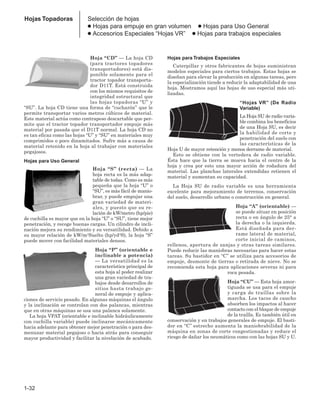 1-32
Hojas Topadoras Selección de hojas
● Hojas para empuje en gran volumen ● Hojas para Uso General
● Accesorios Especiales “Hojas VR” ● Hojas para trabajos especiales
Hoja “CD” — La hoja CD
(para tractores topadores
transportadores) está dis-
ponible solamente para el
tractor topador transporta-
dor D11T. Está construida
con los mismos requisitos de
integridad estructural que
las hojas topadoras “U” y
“SU”. La hoja CD tiene una forma de “cucharón” que le
permite transportar varios metros cúbicos de material.
Este material actúa como contrapeso descartable que per-
mite que el tractor topador transportador empuje más
material por pasada que el D11T normal. La hoja CD no
es tan eficaz como las hojas “U” y “SU” en materiales muy
comprimidos o poco dinamitados. Sufre más a causa de
material retenido en la hoja al trabajar con materiales
pegajosos.
Hojas para Uso General
Hoja “S” (recta) — La
hoja recta es la más adap-
table de todas. Como es más
pequeña que la hoja “U” o
“SU”, es más fácil de manio-
brar, y puede empujar una
gran variedad de materi-
ales, y puesto que su re-
lación de kW/metro (hp/pie)
de cuchilla es mayor que en la hoja “U” o “SU”, tiene mejor
penetración, y recoge buenas cargas. Un cilindro de incli-
nación mejora su rendimiento y su versatilidad. Debido a
su mayor relación de kW/m3Suelto (hp/yd3S), la hoja “S”
puede mover con facilidad materiales densos.
Hoja “P” (orientable e
inclinable a potencia)
— La versatilidad es la
característica principal de
esta hoja al poder realizar
una gran variedad de tra-
bajos desde desarrollos de
sitios hasta trabajo ge-
neral de empuje y aplica-
ciones de servicio pesado. En algunas máquinas el ángulo
y la inclinación se controlan con dos palancas, mientras
que en otras máquinas se usa una palanca solamente.
La hoja VPAT (orientable e inclinable hidráulicamente
con cuchilla variable) puede inclinarse mecánicamente
hacia adelante para obtener mejor penetración o para des-
menuzar material pegajoso o hacia atrás para conseguir
mayor productividad y facilitar la nivelación de acabado.
Hojas para Trabajos Especiales
Caterpillar y otros fabricantes de hojas suministran
modelos especiales para ciertos trabajos. Estas hojas se
diseñan para elevar la producción en algunas tareas, pero
la especialización tiende a reducir la adaptabilidad de una
hoja. Mostramos aquí las hojas de uso especial más uti-
lizadas.
“Hojas VR” (De Radio
Variable)
La Hoja SU de radio varia-
ble combina los beneficios
de una Hoja SU, es decir
la habilidad de corte y
penetración del suelo con
las características de la
Hoja U de mayor retención y menos derrame de material.
Esto se obtiene con la vertedera de radio variable.
Ésta hace que la tierra se mueva hacia el centro de la
hoja y crea por esto una mayor acción de rodadura del
material. Las planchas laterales extendidas retienen el
material y aumentan su capacidad.
La Hoja SU de radio variable es una herramienta
excelente para mejoramiento de terrenos, conservación
del suelo, desarrollo urbano o construcción en general.
Hoja “A” (orientable) —
se puede situar en posición
recta o en ángulo de 25° a
la derecha o la izquierda.
Está diseñada para der-
rame lateral de material,
corte inicial de caminos,
rellenos, apertura de zanjas y otras tareas similares.
Puede reducir las maniobras necesarias para hacer estas
tareas. Su bastidor en “C’’ se utiliza para accesorios de
empuje, desmonte de tierras o retirada de nieve. No se
recomienda esta hoja para aplicaciones severas ni para
roca pesada.
Hoja “CU” — Esta hoja amor-
tiguada se usa para el empuje
y carga de traíllas sobre la
marcha. Los tacos de caucho
absorben los impactos al hacer
contacto con el bloque de empuje
de la traílla. Es también útil en
conservación y en trabajos generales de empuje. El basti-
dor en “C’’ estrecho aumenta la maniobrabilidad de la
máquina en zonas de corte congestionadas y reduce el
riesgo de dañar los neumáticos como con las hojas SU y U.
 