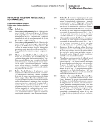 4-233
4
INSTITUTO DE INDUSTRIAS RECICLADORAS
DE CHATARRA INC.
Especificaciones de chatarra
Pautas para chatarra de hierro
ISRI
Código Definición
200 Acero derretido pesado No. 1. Chatarra de
hierro forjado y/o de acero de grosor de 6,35 mm
(1
⁄4 de pulgada) o más. Las piezas individuales no
deben exceder de 1524 ⫻ 610 mm (60 ⫻ 24 pulg)
(tamaño de la caja de carga) preparada de forma
que asegure carga compacta.
203 Acero derretido pesado No. 2. Chatarra de
hierro forjado y/o de acero, negro y galvanizado,
de grosor de 3,18 mm (1
⁄8 de pulgada) o más. El
tamaño de la caja de carga incluirá material no
apropiado como Acero derretido pesado No. 1.
Preparada de forma que asegure carga com-
pacta.
207 Chatarra fundida No. 1. Chatarra limpia de
acero, sin exceder de 305 mm (12 pulg) en
cualquier dimensión, incluyendo chatarra fun-
dida nueva de fábrica (por ejemplo, rebabas de
acero, troquelado, etc.). No puede incluir mate-
rial de coches viejos o de parachoques. Libre de
material recubierto, encalado, esmaltado
vidrioso y placas eléctricas conteniendo más de
0,5 por ciento de silicona.
208 Rollos No. 1. Chatarra de placas de acero
negro nueva, chatarra de rebarbado o esquele-
tal, comprimida o enrollada a mano, al tamaño
de la caja de carga y pesando no menos de 34 kg
(75 lb) por pie cúbico. (Los rollos están bien suje-
tos para poder manejarlos con un imán). Puede
incluir bolas Stanley , rollos de alma metálica
o carretes de acero esqueletal, bien apretado y
sujeto. Puede incluir material al que se ha
quitado químicamente el estaño. No puede
incluir material de coches viejos o de para-
choques. Libre de material recubierto, enca-
lado, esmaltado vidrioso y placas eléctricas
conteniendo más de 0,5 por ciento de silicona.
209 Rollos No. 2. Chatarra vieja de placas de acero
negro y galvanizado, comprimida hidráulica-
mente al tamaño de la caja de carga y pesando
no menos de 34 kg (75 lb) por pie cúbico. No
puede incluir material recubierto con plomo o
con estaño ni material con esmaltado vidrioso.
210 Chatarra desmenuzada. Chatarra homogénea
de hierro y de acero separada magnéticamente,
procedente de automóviles, acero No. 1 y No. 2
sin preparar, chatarra de acero variada.
Densidad promedio 23 kg (50 lb) por pie cúbico.
211 Chatarra desmenuzada. Chatarra homogénea
de hierro y de acero separada magnéticamente,
procedente de automóviles, acero No. 1 y No. 2
sin preparar, chatarra de acero variada.
Densidad promedio 34 kg (70 lb) por pie cúbico.
219 Residuos de torneado de taller. Residuos
limpios de acero o de hierro forjado de torneado
de taller, sin contener residuos de hierro de tala-
dro, metales no ferrosos aislados, escala o
demasiado aceite. No puede incluir metal muy
corroído o con mucha herrumbre.
231 Planchas y acero estructural, 1,5 m (5 pies)
y menos. Chatarra de corte de planchas y
estructuras, de 1,5 m (5 pies) o menos. Planchas
de acero limpio, conformaciones estructurales,
despunte de lingotes, cizalladuras o neumáti-
cos de acero rotos. Con dimensiones no por
debajo de 6,35 mm (1/4 pulg) de grosor ni por
encima de 1,5 m (5 pies) de longitud y 457 mm
(18 pulg) de ancho. No más de 0,05 por ciento de
contenido de fósforo o de azufre.
234 Chatarra de troquelado y de planchas.
Chatarra de troquelado o de estampado, plan-
chas y despunte de barras conteniendo menos
de 0,05 por ciento de fósforo o de azufre y menos
de 0,5 por ciento de silicona, sin contener alea-
ciones. Todos los materiales cortados a 305 mm
(12 pulg) o menos y, con la excepción de residuos
de troquelado o estampado, con un grosor míni-
mo de 3,18 mm (1
⁄8 de pulgada). Los restos de
troquelado o estampado con menos de 152 mm
(6 pulg) de diámetro pueden tener cualquier
grosor.
Excavadoras —
Para Manejo de Materiales
Especificaciones de chatarra de hierro
 