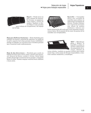 1-33
1
Hojas Topadoras
Selección de hojas
● Hojas para trabajos especiales
Hoja U — Puede mover un
gran volumen de materia-
les livianos, no pegajosos,
como carbón y virutas de
madera. También se ofre-
cen Hojas U más pesadas
para trabajos de recuperación y de empuje
con la hoja.
Hoja para Rellenos Sanitarios — Están diseñadas para
trabajar con basura y material de cobertura. La rejilla en
la parte superior de la hoja permite buena visibilidad y
protege el radiador. La curvatura de la vertedera permite
que el material ruede uniformemente.
Hoja de dos direcciones — Diseñada para usarla en
bodegas de barco para mover carga a granel como granos,
sal, mineral de hierro, carbón y virutas. Estas hojas
pueden desprender el material de las paredes y empujarlo
hacia el centro. Pueden empujar material hacia adelante
o hacia atrás.
Rastrillo — Caterpillar
ofrece una variedad de
rastrillos para utilizar en
aplicaciones de limpieza de
terreno. Pueden trabajar
con vegetación de hasta
una altura de árboles
medianos y ofrecen una
buena penetración del suelo para sacar pequeños troncos,
rocas y raíces. En la mayoría de los casos, las puntas de los
rastrillos son reemplazables.
“K/G’’ — Ofrecida por
Rome y Rimco, la
hoja K/G se utiliza en
muchas aplicaciones
de preparación de te-
rrenos. Además de
cortar árboles, también se pueden utilizar para apilar
monte bajo, cortar zanjas de drenaje trapezoidales y cons-
truir caminos madereros y cortafuegos.
 