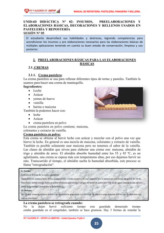 MANUAL DE REPOSTERIA, PASTELERIA, PANADERIA Y BOLLERIA.
FE Y ALEGRÍA 57 – CEFOP LA LIBERTAD – Unidad Operativa Trujillo II
35
UNIDAD DIDÁCTICA N° 02: INSUMOS, PREELABORACIONES Y
ELABORACIONES BÁSICAS, DECORACIONES Y RELLENOS USADOS EN
PASTELERÍA Y REPOSTERÍA
SESIÓN N° 05
2. PREELABORACIONES BÁSICAS PARA LAS ELABORACIONES
BÁSICAS
2.1. CREMAS
2.1.1. Crema pastelera:
La crema pastelera se usa para rellenar diferentes tipos de tortas y pasteles. También la
usamos para hacer una crema de mantequilla.
Ingredientes:
 Leche
 Azúcar
 yemas de huevo
 vainilla
 harina o maicena
También la podemos hacer con:
 leche
 Azúcar
 crema pastelera en polvo
La crema pastelera en polvo contiene; maicena,
colorantes y extracto de vainilla.
Crema pastelera en polvo:
Esta crema se obtiene al hervir leche con azúcar y mezclar con el polvo una vez que
hierve la leche. En general es una mezcla de maicena, colorantes y extracto de vainilla.
También es posible solamente usar maicena pero no tenemos el sabor de la vainilla.
Las clases de almidón que sirven para elaborar una crema son: maicena, almidón de
trigo y almidón de arroz. El almidón absorbe humedad entre los 55 y 85 ºC, es un
aglutinante, una crema se espesa más con temperaturas altas, por eso dejamos hervir un
rato. Transcurrido el tiempo, el almidón suelta la humedad absorbida, este proceso se
llama "retrogradación".
La crema pastelera se retrograda cuando:
No la dejan hervir suficiente tiempo esta guardada demasiado tiempo
estaba guardada en el congelador, también se hace grumosa. Hay 3 formas de retardar la
1.- Leche:
La leche es la base de la crema pastelera.
Normalmente usamos leche fresca pasteurizada o leche en polvo, la cual contiene por lo menos un porcentaje de grasa del 26 %.
Para hacer leche, usando leche en polvo tenemos que mezclar 125grs. de leche en polvo con 910 ml de agua, consiguiendo así una
leche de la misma calidad que la leche fresca.
2.- Azúcar:
Para hacer crema pastelera siempre usamos azúcar granulada. La cantidad de azúcar a usar depende del uso que le daremos a la
crema pastelera.
3.- Yemas de huevo:
Una crema pastelera podemos elaborar con yemas de huevo o con huevos enteros. Es mejor usar solamente yemas porque mejoran
el sabor y la lecitina de las yemas mejoran la emulsión de la crema. Por esta razón la crema no se retrogradará tan rápido. Las claras
El estudiante desarrollará sus habilidades y destrezas, logrando competencias para
acondicionar los insumos y pre elaboraciones necesarios para las elaboraciones básicas de
múltiples aplicaciones teniendo en cuenta su buen estado de conservación, limpieza y uso
posterior.
 