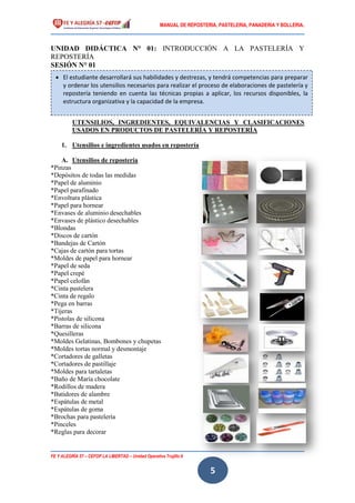 MANUAL DE REPOSTERIA, PASTELERIA, PANADERIA Y BOLLERIA.
FE Y ALEGRÍA 57 – CEFOP LA LIBERTAD – Unidad Operativa Trujillo II
5
UNIDAD DIDÁCTICA N° 01: INTRODUCCIÓN A LA PASTELERÍA Y
REPOSTERÍA
SESIÓN N° 01
UTENSILIOS, INGREDIENTES, EQUIVALENCIAS Y CLASIFICACIONES
USADOS EN PRODUCTOS DE PASTELERÍA Y REPOSTERÍA
1. Utensilios e ingredientes usados en repostería
A. Utensilios de repostería
*Pinzas
*Depósitos de todas las medidas
*Papel de aluminio
*Papel parafinado
*Envoltura plástica
*Papel para hornear
*Envases de aluminio desechables
*Envases de plástico desechables
*Blondas
*Discos de cartón
*Bandejas de Cartón
*Cajas de cartón para tortas
*Moldes de papel para hornear
*Papel de seda
*Papel crepé
*Papel celofán
*Cinta pastelera
*Cinta de regalo
*Pega en barras
*Tijeras
*Pistolas de silicona
*Barras de silicona
*Quesilleras
*Moldes Gelatinas, Bombones y chupetas
*Moldes tortas normal y desmontaje
*Cortadores de galletas
*Cortadores de pastillaje
*Moldes para tartaletas
*Baño de María chocolate
*Rodillos de madera
*Batidores de alambre
*Espátulas de metal
*Espátulas de goma
*Brochas para pastelería
*Pinceles
*Reglas para decorar
 El estudiante desarrollará sus habilidades y destrezas, y tendrá competencias para preparar
y ordenar los utensilios necesarios para realizar el proceso de elaboraciones de pastelería y
repostería teniendo en cuenta las técnicas propias a aplicar, los recursos disponibles, la
estructura organizativa y la capacidad de la empresa.
 