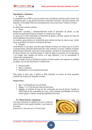 MANUAL DE REPOSTERIA, PASTELERIA, PANADERIA Y BOLLERIA.
FE Y ALEGRÍA 57 – CEFOP LA LIBERTAD – Unidad Operativa Trujillo II
69
Ingredientes y funciones:
 Harina:
Es preferible usar la 000 ya que al contener más cantidad de proteínas podrá retener más
cantidad de agua, lo que generará durante el horneado suficiente vapor para generar más
ampollas. El resultado final será una preparación con un muy buen volumen y textura.
 Sal:
Se utiliza para sazonar la harina.
 Grasa:
Proporciona suavidad, y fundamentalmente limita el desarrollo de gluten, ya que
recubre las partículas de harina evitando su contacto con el agua.
La grasa por lo tanto interrumpe la formación de gluten y permite separar las hojas de
masa lográndose una textura en capas.
La manteca, grasa plástica es la preferida para realizar este tipo de masa ya que tiende
hacer un producto con mayor consistencia de hojas.
 Líquido:
Generalmente se usa agua, necesaria para hidratar la harina, de manera que al revolver
se pueda formar suficiente gluten para dar cierta cohesión a la masa. Además el líquido
proporcionará suficiente vapor que le hará esponjar y producir la consistencia de hojas.
La masa entonces irá creciendo porque el vapor de agua se encuentra con la capa grasa
y no escapa, pero empuja con fuerza a la capa siguiente y así irá aumentando el
volumen de la preparación.
Ahora, el grado en que se distribuye el gluten en toda la pasta y por supuesto la cantidad
de gluten, son los que determinan si la pasta será:
 Desmoronable
 Dura y compacta
 Quebradiza y con consistencia de hojas.
Para lograr el tercer tipo, el gluten se debe distribuir en cientos de áreas pequeñas
mediante las técnicas de amasado correctas.
Proporciones:
 Sal: ½ cucharadita por taza de harina.
 Grasa: ¼ a 1/3 de taza por cada taza de harina.
 Líquido: un mínimo de agua de dos cucharadas por taza de harina. Cuando se
utiliza más de dos cucharadas por taza, existen grandes posibilidades de formar
mucho gluten y obtener una pasta hojaldrada muy dura.
5.3. Masas livianas -esponjosas-
Una masa esponjosa es aquella en la que se utiliza la
clara de huevo como agente leudante y suavizante de
la textura.
Ingredientes y función para el Pastel ángel:
 