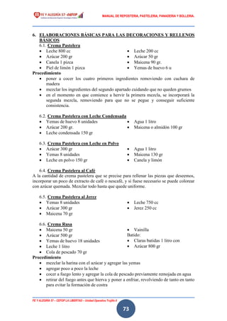 MANUAL DE REPOSTERIA, PASTELERIA, PANADERIA Y BOLLERIA.
FE Y ALEGRÍA 57 – CEFOP LA LIBERTAD – Unidad Operativa Trujillo II
73
6. ELABORACIONES BÁSICAS PARA LAS DECORACIONES Y RELLENOS
BÁSICOS
6.1. Crema Pastelera
 Leche 800 cc
 Azúcar 200 gr
 Canela 1 pizca
 Piel de limón 1 pizca
 Leche 200 cc
 Azúcar 50 gr
 Maicena 90 gr.
 Yemas de huevo 6 u
Procedimiento
 poner a cocer los cuatro primeros ingredientes removiendo con cuchara de
madera
 mezclar los ingredientes del segundo apartado cuidando que no queden grumos
 en el momento en que comience a hervir la primera mezcla, se incorporará la
segunda mezcla, removiendo para que no se pegue y conseguir suficiente
consistencia.
6.2. Crema Pastelera con Leche Condensada
 Yemas de huevo 8 unidades
 Azúcar 200 gr.
 Leche condensada 150 gr
 Agua 1 litro
 Maicena o almidón 100 gr
6.3. Crema Pastelera con Leche en Polvo
 Azúcar 300 gr
 Yemas 8 unidades
 Leche en polvo 150 gr
 Agua 1 litro
 Maicena 130 gr
 Canela y limón
6.4. Crema Pastelera al Café
A la cantidad de crema pastelera que se precise para rellenar las piezas que deseemos,
incorporar un poco de extracto de café o nescafé, y si fuese necesario se puede colorear
con azúcar quemada. Mezclar todo hasta que quede uniforme.
6.5. Crema Pastelera al Jerez
 Yemas 8 unidades
 Azúcar 300 gr
 Maicena 70 gr
 Leche 750 cc
 Jerez 250 cc
6.6. Crema Rusa
 Maicena 50 gr
 Azúcar 500 gr
 Yemas de huevo 18 unidades
 Leche 1 litro
 Cola de pescado 70 gr
 Vainilla
Batido:
 Claras batidas 1 litro con
 Azúcar 800 gr
Procedimiento
 mezclar la harina con el azúcar y agregar las yemas
 agregar poco a poco la leche
 cocer a fuego lento y agregar la cola de pescado previamente remojada en agua
 retirar del fuego antes que hierva y poner a enfriar, revolviendo de tanto en tanto
para evitar la formación de costra
 