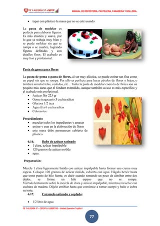 MANUAL DE REPOSTERIA, PASTELERIA, PANADERIA Y BOLLERIA.
FE Y ALEGRÍA 57 – CEFOP LA LIBERTAD – Unidad Operativa Trujillo II
77
 tapar con plástico la masa que no se esté usando
La pasta de modelar es
perfecta para elaborar figuras.
Es más elástica y suave, por
lo que se trabaja muy bien y
se puede moldear sin que se
rompa o se cuartee, logrando
figuras definidas y con
detalles finos. El acabado es
muy liso y profesional.
Pasta de goma para flores
La pasta de goma o pasta de flores, al ser muy elástica, se puede estirar tan fina como
un papel sin que se rompa. Por ello es perfecta para hacer pétalos de flores y hojas, o
también simular telas, vestidos, etc... Tanto la pasta de modelar como la de flores son un
poquito más caras que el fondant extendido, aunque también su uso es más específico y
el acabado más profesional.
 Azúcar flor 225 gr
 Goma tragacanto 3 cucharaditas
 Glucosa 1/2 taza
 Agua fría 6 cucharaditas
 Colorantes
Procedimiento
 mezclar todos los ingredientes y amasar
 estirar y usar en la elaboración de flores
 esta masa debe permanecer cubierta de
plástico
6.16. Baño de azúcar satinado
 1 clara, azúcar impalpable
 120 gramos de azúcar molida
 agua.
Preparación:
Mezcle 1 clara ligeramente batida con azúcar impalpable hasta formar una crema muy
espesa. Coloque 120 gramos de azúcar molida, cubierta con agua. Hágalo hervir hasta
que tome punto de hilo fuerte, es decir cuando tomando un poco de almíbar entre dos
dedos, se forme un hilo espeso que no se rompe.
Viértalo lentamente sobre la mezcla de clara y azúcar impalpable, mientras revuelve con
cuchara de madera. Déjelo entibiar hasta que comience a tomar cuerpo y bañe o cubra
su torta.
6.17. Caramelo satinado y soplado:
 1/2 litro de agua
 