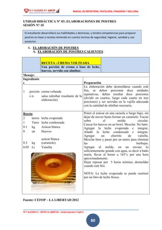 MANUAL DE REPOSTERIA, PASTELERIA, PANADERIA Y BOLLERIA.
FE Y ALEGRÍA 57 – CEFOP LA LIBERTAD – Unidad Operativa Trujillo II
80
UNIDAD DIDÁCTICA N° 03: ELABORACIONES DE POSTRES
SESIÓN N° 10
1. ELABORACIÓN DE POSTRES
A. ELABORACIÓN DE POSTRES CALIENTES
RECETA - CREMA VOLTEADA
Una porción de crema a base de leche,
huevos, servida con almíbar.
Menaje:
Ingrediente
s Preparación
La elaboración debe desmoldarse cuando esté
fría, se deben porcionar doce unidades
equitativas, deben resultar doce porciones
(dividir en cuartos, luego cada cuarto en tres
porciones) y ser servidas en la vajilla adecuada
con la cantidad de almíbar necesaria.
1 porción crema volteada
c.n. salsa (almíbar resultante de la
elaboración)
Receta Poner el azúcar en una cazuela a fuego bajo, sin
dejar de mover hasta formar un caramelo. Vaciar
sobre el molde circular.
Cascar los huevos en un bowl. Mezclar. No batir.
Agregar la leche evaporada e integrar.
Añadir la leche condensada e integrar.
Agregar un chorrito de vainilla.
Mezclar bien y pasar por un tamiz para eliminar
las burbujas.
Agregar al molde, en un envase lo
suficientemente grande con agua, es decir a baño
maría, llevar al horno a 165°c por una hora
aproximadamente.
Dejar reposar por 5 horas mínimo, desmoldar
cuando esté frío.
NOTA: La leche evaporada se puede sustituir
por un litro de leche fresca.
2 tarros leche evaporada
1 Tarro leche condensada
0.1 kg Azúcar blanca
8 un Huevos
0.3 kg
azúcar blanca
(caramelo)
0.05 Lt Vainilla
Fuente: CEFOP – LA LIBERTAD 2012
El estudiante desarrollará sus habilidades y destrezas, y tendrá competencias para preparar
postres en base a recetas teniendo en cuenta normas de seguridad, higiene, sanidad y uso
posterior.
 