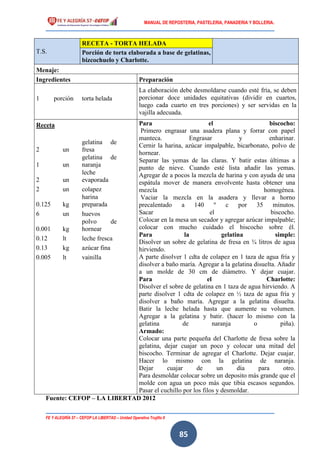 MANUAL DE REPOSTERIA, PASTELERIA, PANADERIA Y BOLLERIA.
FE Y ALEGRÍA 57 – CEFOP LA LIBERTAD – Unidad Operativa Trujillo II
85
T.S.
RECETA - TORTA HELADA
Porción de torta elaborada a base de gelatinas,
bizcochuelo y Charlotte.
Menaje:
Ingredientes Preparación
La elaboración debe desmoldarse cuando esté fría, se deben
porcionar doce unidades equitativas (dividir en cuartos,
luego cada cuarto en tres porciones) y ser servidas en la
vajilla adecuada.
1 porción torta helada
Receta Para el biscocho:
Primero engrasar una asadera plana y forrar con papel
manteca. Engrasar y enharinar.
Cernir la harina, azúcar impalpable, bicarbonato, polvo de
hornear.
Separar las yemas de las claras. Y batir estas últimas a
punto de nieve. Cuando esté lista añadir las yemas.
Agregar de a pocos la mezcla de harina y con ayuda de una
espátula mover de manera envolvente hasta obtener una
mezcla homogénea.
Vaciar la mezcla en la asadera y llevar a horno
precalentado a 140 º c por 35 minutos.
Sacar el biscocho.
Colocar en la mesa un secador y agregar azúcar impalpable;
colocar con mucho cuidado el biscocho sobre él.
Para la gelatina simple:
Disolver un sobre de gelatina de fresa en ¾ litros de agua
hirviendo.
A parte disolver 1 cdta de colapez en 1 taza de agua fría y
disolver a baño maría. Agregar a la gelatina disuelta. Añadir
a un molde de 30 cm de diámetro. Y dejar cuajar.
Para el Charlotte:
Disolver el sobre de gelatina en 1 taza de agua hirviendo. A
parte disolver 1 cdta de colapez en ½ taza de agua fría y
disolver a baño maría. Agregar a la gelatina disuelta.
Batir la leche helada hasta que aumente su volumen.
Agregar a la gelatina y batir. (hacer lo mismo con la
gelatina de naranja o piña).
Armado:
Colocar una parte pequeña del Charlotte de fresa sobre la
gelatina, dejar cuajar un poco y colocar una mitad del
biscocho. Terminar de agregar el Charlotte. Dejar cuajar.
Hacer lo mismo con la gelatina de naranja.
Dejar cuajar de un día para otro.
Para desmoldar colocar sobre un deposito más grande que el
molde con agua un poco más que tibia escasos segundos.
Pasar el cuchillo por los filos y desmoldar.
2 un
gelatina de
fresa
1 un
gelatina de
naranja
2 un
leche
evaporada
2 un colapez
0.125 kg
harina
preparada
6 un huevos
0.001 kg
polvo de
hornear
0.12 lt leche fresca
0.13 kg azúcar fina
0.005 lt vainilla
Fuente: CEFOP – LA LIBERTAD 2012
 