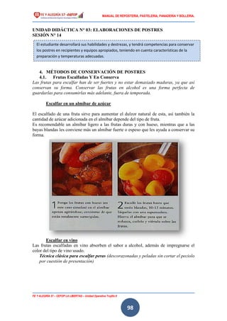MANUAL DE REPOSTERIA, PASTELERIA, PANADERIA Y BOLLERIA.
FE Y ALEGRÍA 57 – CEFOP LA LIBERTAD – Unidad Operativa Trujillo II
98
UNIDAD DIDÁCTICA N° 03: ELABORACIONES DE POSTRES
SESIÓN N° 14
4. MÉTODOS DE CONSERVACIÓN DE POSTRES
4.1. Frutas Escalfadas Y En Conserva
Las frutas para escalfar han de ser fuertes y no estar demasiado maduras, ya que así
conservan su forma. Conservar las frutas en alcohol es una forma perfecta de
guardarlas para consumirlas más adelante, fuera de temporada.
Escalfar en un almíbar de azúcar
El escalfado de una fruta sirve para aumentar el dulzor natural de esta, así también la
cantidad de azúcar adicionada en el almíbar depende del tipo de fruta.
Es recomendable un almíbar ligero a las frutas duras y con hueso, mientras que a las
bayas blandas les conviene más un almíbar fuerte o espeso que les ayuda a conservar su
forma.
Escalfar en vino
Las frutas escalfadas en vino absorben el sabor a alcohol, además de impregnarse el
color del tipo de vino usado.
Técnica clásica para escalfar peras (descorazonadas y peladas sin cortar el peciolo
por cuestión de presentación)
El estudiante desarrollará sus habilidades y destrezas, y tendrá competencias para conservar
los postres en recipientes y equipos apropiados, teniendo en cuenta características de la
preparación y temperaturas adecuadas.
 