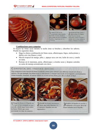 MANUAL DE REPOSTERIA, PASTELERIA, PANADERIA Y BOLLERIA.
FE Y ALEGRÍA 57 – CEFOP LA LIBERTAD – Unidad Operativa Trujillo II
99
Combinaciones para compotas
Si mejora las frutas secas durante la noche éstas se hinchan y absorben los sabores.
Pruebe las siguientes ideas.
 Haga la clásica combinación de frutas secas, albaricoques, higos, melocotones y
dátiles con vino blanco y miel.
 Mezcla tropical de mango, piña y papaya seca con ron, leche de coco y canela
en rama.
 Remoje en té manzanas, peras, albaricoque y ciruelas secas y despues cuézalas
en zumo de naranja aromatizado con clavo.
 