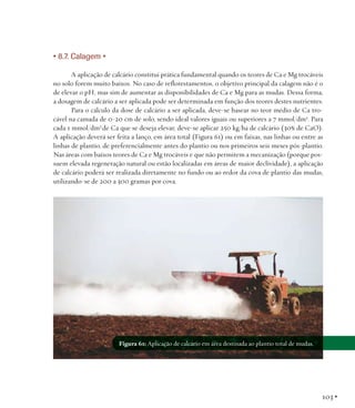 • 8.7. Calagem •
A aplicação de calcário constitui prática fundamental quando os teores de Ca e Mg trocáveis
no solo forem muito baixos. No caso de reflorestamentos, o objetivo principal da calagem não é o
de elevar o pH, mas sim de aumentar as disponibilidades de Ca e Mg para as mudas. Dessa forma,
a dosagem de calcário a ser aplicada pode ser determinada em função dos teores destes nutrientes.
Para o cálculo da dose de calcário a ser aplicada, deve-se basear no teor médio de Ca trocável na camada de 0-20 cm de solo, sendo ideal valores iguais ou superiores a 7 mmol/dm3. Para
cada 1 mmol/dm3 de Ca que se deseja elevar, deve-se aplicar 250 kg/ha de calcário (30% de CaO).
A aplicação deverá ser feita a lanço, em área total (Figura 61) ou em faixas, nas linhas ou entre as
linhas de plantio, de preferencialmente antes do plantio ou nos primeiros seis meses pós-plantio.
Nas áreas com baixos teores de Ca e Mg trocáveis e que não permitem a mecanização (porque possuem elevada regeneração natural ou estão localizadas em áreas de maior declividade), a aplicação
de calcário poderá ser realizada diretamente no fundo ou ao redor da cova de plantio das mudas,
utilizando-se de 200 a 300 gramas por cova.

Figura 61: Aplicação de calcário em área destinada ao plantio total de mudas.

103 •

 
