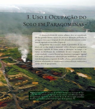 3. Uso e Ocupação do
Solo em Paragominas •
O desenvolvimento de centros urbanos deve ser considerado
um dos grandes fatores capazes de provocar alterações profundas na
paisagem, com o uso e ocupação do solo afetando diretamente a estrutura da vegetação ao seu redor (Figura 4).
Paragominas não é exceção e desde os primórdios de sua existência até os dias atuais o município sofreu alterações paisagísticas
marcantes, expondo de forma nítida as alterações, no tempo e no
espaço, na distribuição das modalidades de uso e ocupação do solo.
Como resultado, a matriz florestal que dominava a paisagem regional
vem sendo gradativamente substituída por modalidades alternativas,
com destaque para a expansão da malha urbana e para atividades econômicas relacionadas ao extrativismo e comercialização madeireira e
carvão, além da agropecuária.

Figura 4: Vista aérea de uma área de atividade antrópica no município de Santarém, PA, e do mosaico de vegetação em seu entorno, com diferentes estágios
de regeneração, típicos das diversas formas de uso do solo na região amazônica
brasileira, que também predominam na região de Paragominas, PA.

25 •

 