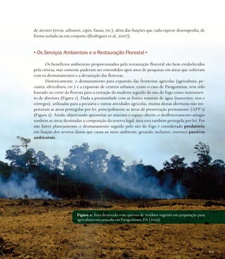 de árvores (ervas, arbustos, cipós, fauna, etc.), além das funções que cada espécie desempenha, de
forma isolada ou em conjunto (Rodrigues et al., 2007).

• Os Serviços Ambientais e a Restauração Florestal •
Os benefícios ambientais proporcionados pela restauração florestal são bem estabelecidos
pela ciência, mas somente puderam ser entendidos após anos de pesquisas em áreas que sofreram
com os desmatamentos e a devastação das florestas.
Historicamente, o desmatamento para expansão das fronteiras agrícolas (agricultura, pecuária, silvicultura, etc.) e a expansão de centros urbanos, como o caso de Paragominas, tem sido
baseado no corte da floresta para a extração da madeira seguido do uso do fogo como instrumento de abertura (Figura 1). Dada a proximidade com as fontes naturais de água (nascentes, rios e
córregos), utilizadas para a pecuária e outras atividades agrícolas, muitas dessas aberturas não respeitaram as áreas protegidas por lei, principalmente as áreas de preservação permanente (APP’s)
(Figura 2). Ainda, objetivando aproveitar ao máximo o espaço aberto, o desflorestamento atingiu
também as áreas destinadas à composição da reserva legal, área esta também protegida por lei. Por
não haver planejamento, o desmatamento seguido pelo uso do fogo é considerado predatório
em função dos severos danos que causa ao meio ambiente, gerando, inclusive, enormes passivos
ambientais.

Figura 1: Área destocada com queima de resíduos vegetais em preparação para
agricultura mecanizada em Paragominas, PA (2012).

7•

 