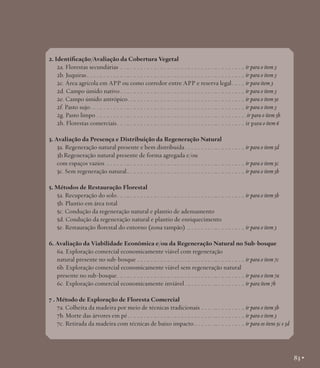 2. Identificação/Avaliação da Cobertura Vegetal
2a. Florestas secundárias. . . . . . . . . . . . . . . . . . . . . . . . . . . . . . . . . . . . . . . . . . . . . . . . . . . . . . . . . ir para o item 3
2b. Juquiras . . . . . . . . . . . . . . . . . . . . . . . . . . . . . . . . . . . . . . . . . . . . . . . . . . . . . . . . . . . . . . . . . . . . ir para o item 3
.. . .
2c. Área agrícola em APP ou como corredor entre APP e reserva legal .. . .. . ir para item 3
2d. Campo úmido nativo.. . . . . . . . . . . . . . . . . . . . . . . . . . . . . . . . . . . . . . . . . . . . . . . . . . . . . . . . ir para o item 3
2e. Campo úmido antrópico.. . .. . .. . .. . .. . .. . .. . .. . .. . .. . .. . .. . .. . .. . .. . .. . .. . .. ir para o item 5e
2f. Pasto sujo.. . .. . .. . .. . .. . .. . .. . .. . .. . .. . .. . .. . .. . .. . .. . .. . .. . .. . .. . .. . .. . .. . .. . ir para o item 3
2g. Pasto limpo.. . . . . . . . . . . . . . . . . . . . . . . . . . . . . . . . . . . . . . . . . . . . . . . . . . . . . . . . . . . . . . . . . . .ir para o item 5b
2h. Florestas comerciais .. . .. . .. . .. . .. . .. . .. . .. . .. . .. . .. . .. . .. . .. . .. . .. . .. . .. . .. . ir para o item 6
3. Avaliação da Presença e Distribuição da Regeneração Natural
3a. Regeneração natural presente e bem distribuída.. . .. . .. . .. . .. . .. . .. . .. . .. . ir para o item 5d
3b.Regeneração natural presente de forma agregada e/ou
com espaços vazios . . . . . . . . . . . . . . . . . . . . . . . . . . . . . . . . . . . . . . . . . . . . . . . . . . . . . . . . . . . . . . . ir para o item 5c
3c. Sem regeneração natural.. . . . . . . . . . . . . . . . . . . . . . . . . . . . . . . . . . . . . . . . . . . . . . . . . . . . . ir para o item 5b
5. Métodos de Restauração Florestal
5a. Recuperação do solo .. . .. . .. . .. . .. . .. . .. . .. . .. . .. . .. . .. . .. . .. . .. . .. . .. . .. . .. . ir para o item 5b
5b. Plantio em área total
5c. Condução da regeneração natural e plantio de adensamento
5d. Condução da regeneração natural e plantio de enriquecimento
5e. Restauração florestal do entorno (zona tampão) . . . . . . . . . . . . . . . . . . . . . . . . . . . ir para o item 3
6. Avaliação da Viabilidade Econômica e/ou da Regeneração Natural no Sub-bosque
6a. Exploração comercial economicamente viável com regeneração
natural presente no sub-bosque.. . . . . . . . . . . . . . . . . . . . . . . . . . . . . . . . . . . . . . . . . . . . . . . . ir para o item 7c
6b. Exploração comercial economicamente viável sem regeneração natural
presente no sub-bosque .. . .. . .. . .. . .. . .. . .. . .. . .. . .. . .. . .. . .. . .. . .. . .. . .. . .. . .. . ir para o item 7a
6c. Exploração comercial economicamente inviável .. . .. . .. . .. . .. . .. . .. . .. . .. . ir para item 7b
7 . Método de Exploração de Floresta Comercial
7a. Colheita da madeira por meio de técnicas tradicionais. . . . . . . . . . . . . . . . . . . . . ir para o item 5b
7b. Morte das árvores em pé .. . .. . .. . .. . .. . .. . .. . .. . .. . .. . .. . .. . .. . .. . .. . .. . .. . .. ir para o item 3
7c. Retirada da madeira com técnicas de baixo impacto. . . . . . . . . . . . . . . . . . . . . . . . ir para os itens 5c e 5d

83 •

 