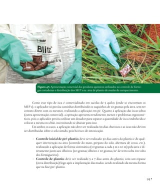 Figura 47: Apresentação comercial dos produtos químicos utilizados no controle de formigas cortadeiras e distribuição dos MIP`s na área de plantio de mudas de enriquecimento.

Como esse tipo de isca é comercializado em sacolas de 5 quilos (onde se encontram os
MIP´s), o aplicador só precisa caminhar distribuindo os saquinhos de 10 gramas pela área, sem ter
contato direto com os mesmos, realizando a aplicação em pé. Quanto à aplicação das iscas soltas
(outra apresentação comercial), a operação apresenta rendimento menor e problemas ergonométicos, pois o aplicador precisa utilizar um dosador para separar a quantidade de isca estabelecida e
colocar a mesma no chão, necessitando se abaixar para isso.
Em ambos os casos, a aplicação não deve ser realizada em dias chuvosos e as iscas não devem
ser distribuídas sobre o solo úmido, pois há risco de intoxicação.
-	 Controle inicial de pré-plantio: deve ser realizado 30 dias antes do plantio e de qualquer intervenção na área (controle do mato, preparo do solo, abertura de covas, etc.),
realizando a aplicação de forma sistemática (10 gramas a cada 3 m x 10 m) pela área e diretamente junto aos olheiros (20 gramas/olheiro e 10 gramas/m2 de terra solta em volta
dos formigueiros).
-	 Controle de plantio: deve ser realizado 5 a 7 dias antes do plantio, com um repasse
(nova distribuição) logo após a implantação das mudas, sendo realizado da mesma forma
que na fase pré-plantio.

93 •

 