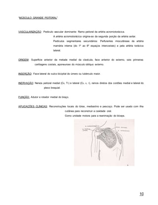 10
“MÚSCULO GRANDE PEITORAL”
VASCULARIZAÇÃO: Pedículo vascular dominante: Ramo peitoral da artéria acromiotorácica.
A artéria acromiotorácica origina-se da segunda porção da artéria axilar.
Pedículos segmentares secundários: Perfurantes miocutâneas da artéria
mamária interna (do 1º ao 6º espaços intercostais) e pela artéria torácica
lateral.
ORIGEM: Superfície anterior da metade medial da clavícula, face anterior do externo, seis primeiras
cartilagens costais, aponeurose do músculo oblíquo externo.
INSERÇÃO: Face lateral do sulco bicipital do úmero ou tubérculo maior.
INERVAÇÃO: Nervos peitoral medial (C8, T1) e lateral (C5, 6, 7), ramos diretos dos cordões medial e lateral do
plexo braquial.
FUNÇÃO: Adutor e rotador medial do braço.
APLICAÇÕES CLÍNICAS: Reconstruções locais do tórax, mediastino e pescoço. Pode ser usado com ilha
cutânea para reconstruir a cavidade oral.
Como unidade motora para a reanimação do bíceps.
 