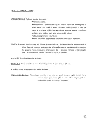 15
“MÚSCULO GRANDE DORSAL”
VASCULARIZAÇÃO: Pedículo vascular dominante:
Artéria toracodorsal.
Artéria regional – artéria subescapular: esta se origina da terceira parte da
artéria axilar e dá origem à artéria circunflexa umeral posterior; a partir daí
passa a se chamar artéria toracodorsal que antes de penetrar no músculo
emite um ramo cutâneo e um ramo para o serrátil anterior.
Pedículos segmentares secundários:
Artérias perfurantes segmentares das artérias inter-costais posteriores.
ORIGEM: Processo espinhoso das seis últimas vértebras torácicas, fáscia toracolombar e inferiormente na
crista ilíaca, do processo espinhoso das vértebras lombares e sacrais superiores, podendo
ter pequenos feixes musculares originando-se das 4 costelas inferiores e interdigitações
com o músculo oblíquo externo. Adere-se ao ângulo da omoplata.
INSERÇÃO: Sulco intertubercular do úmero.
INERVAÇÃO: Nervo toracodorsal, ramo do cordão posterior do plexo braquial (C6, 7, 8).
FUNÇÃO: Adutor, extensor e rotador medial do úmero.
APLICAÇÕES CLÍNICAS: Reconstrução mamária e do tórax em geral, braço e região cervical. Como
unidade motora para reanimação do bíceps. Microcirúrgico, pode ser
usado como retalho muscular ou miocutâneo.
 