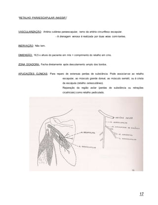 17
“RETALHO PARAESCAPULAR (NASSIF)”
VASCULARIZAÇÃO: Artéria cutânea paraescapular, ramo da artéria circunflexa escapular.
- A drenagem venosa é realizada por duas veias comi-tantes.
INERVAÇÃO: Não tem.
DIMENSÃO: 16,5 x altura do paciente em mts = comprimento do retalho em cms.
ZONA DOADORA: Fecha diretamente após descolamento amplo dos bordos.
APLICAÇÕES CLÍNICAS: Para reparo de extensas perdas de substância. Pode associar-se ao retalho
escapular, ao músculo grande dorsal, ao músculo serratil, ou à crista
da escápula (retalho osteocutâneo).
Reparação da região axilar (perdas de substância ou retrações
cicatriciais) como retalho pediculado.
 