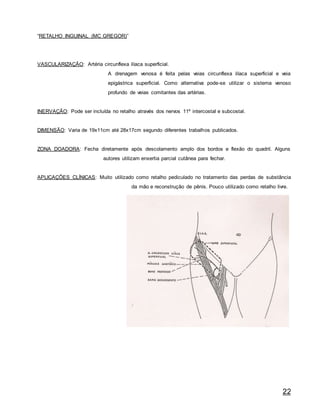 22
“RETALHO INGUINAL (MC GREGOR)”
VASCULARIZAÇÃO: Artéria circunflexa ilíaca superficial.
A drenagem venosa é feita pelas veias circunflexa ilíaca superficial e veia
epigástrica superficial. Como alternativa pode-se utilizar o sistema venoso
profundo de veias comitantes das artérias.
INERVAÇÃO: Pode ser incluída no retalho através dos nervos 11º intercostal e subcostal.
DIMENSÃO: Varia de 19x11cm até 28x17cm segundo diferentes trabalhos publicados.
ZONA DOADORA: Fecha diretamente após descolamento amplo dos bordos e flexão do quadril. Alguns
autores utilizam enxertia parcial cutânea para fechar.
APLICAÇÕES CLÍNICAS: Muito utilizado como retalho pediculado no tratamento das perdas de substância
da mão e reconstrução de pênis. Pouco utilizado como retalho livre.
 