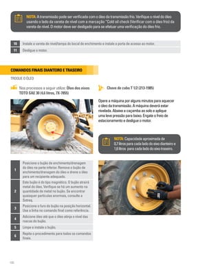 100
NOTA:Capacidadeaproximadade
0,7litrosparacadaladodoeixodianteiroe
1,6litros paracadaladodoeixotraseiro.
Chave de cabo T 1/2 (213-1985)
Nos processos a seguir utilize: Óleo dos eixos
TDTO SAE 30 (4,6 litros, 7X-7855)
Comandos finais dianteiro e traseiro
TROQUE O ÓLEO
Opereamáquinaporalgunsminutosparaaquecer
oóleodatransmissão.Amáquinadeveráestar
nivelada.Abaixeacaçambaaosoloeaplique
umalevepressãoparabaixo.Engateofreiode
estacionamentoedesligueomotor.
1
Posicione o bujão de enchimento/drenagem
do óleo na parte inferior. Remova o bujão de
enchimento/drenagem do óleo e drene o óleo
para um recipiente adequado.
2
Este bujão é do tipo magnético. O bujão atrairá
metal do óleo. Verifique se há um aumento na
quantidade de metal no bujão. Se encontrar
quaisquer partículas anormais, consulte a
Sotreq.
3
Posicione o furo do bujão na posição horizontal.
Use a linha no comando final como referência.
4
Adicione óleo até que o óleo atinja o nível das
roscas do bujão.
5 Limpe e instale o bujão.
6
Repita o procedimento para todos os comandos
finais.
10 Instale a vareta de nível/tampa do bocal de enchimento e instale a porta de acesso ao motor.
11 Desligue o motor.
NOTA:Atransmissãopodeserverificadacomoóleodatransmissãofrio.Verifiqueoníveldoóleo
usando o lado da vareta de nível com a marcação “Cold oil check (Verificar com o óleo frio) da
vareta de nível. O motor deve ser desligado para se efetuar uma verificação do óleo frio.
 