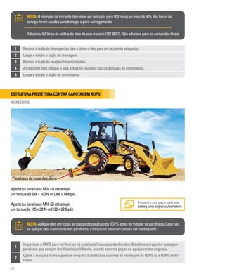 102
1 Removaobujãodedrenagemdoóleoedreneoóleoparaumrecipienteadequado.
2 Limpe e instale o bujão de drenagem.
3 Removaobujãodenível/enchimentodeóleo.
4 Acrescente óleo até que o óleo esteja no nível das roscas do bujão de enchimento.
5 Limpe e instale o bujão de enchimento.
NOTA:Ointervalodetrocadeóleodeveserreduzidopara500horassemaisde50%dashorasde
serviçoforemusadasparatrafegareparacarregamento.
Adicionar0,5litrosdeaditivodoóleodoeixotraseiro(197-0017).Nãoadicioneparaoscomandosfinais.
Estrutura protetora contra capotagem Rops
INSPECIONE
1
Inspecione a ROPS para verificar se há parafusos frouxos ou danificados. Substitua ou reponha quaisquer
parafusos que estejam danificados ou faltando, usando somente peças de equipamentos originais.
2
Opere a máquina numa superfície irregular. Substitua os suportes de montagem da ROPS se a ROPS emitir
ruídos.
Encontre sua peça pelo site:
sotreq.com.br/pecas/partstore
NOTA:ApliqueóleoemtodasasroscasdeparafusodaROPSantesdeinstalarosparafusos.Casonão
seapliqueóleonasroscasdosparafusos,otorquenoparafusopoderáserinadequado.
AperteosparafusosM24(1)atéatingir
umtorquede524+100N-m(386+74lbpé).
AperteosparafusosM16(2)atéatingir
umtorquede165+30N-m(122+22lbpé).
Parafusosdabasedacabine
 