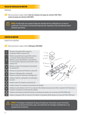 104
Folga de válvulas do motor
VERIFIQUE
Nos processos a seguir utilize: Anel de vedação da tampa de válvula (150-7732) /
Junta da tampa de válvulas (225-6451)
NOTA:A verificação e/ou ajuste da folga das válvulas deve ser efetuada por um técnico
qualificado. Ferramentas e treinamento especiais são requeridos. Este procedimento dever
efetuado pela Sotreq.
1
Afrouxe a braçadeira (9) e remova a
mangueira (10) do conector (12).
2
Remova os parafusos de ajuste (8) e remova
o conector (12) do cabeçote do cilindro.
Remova a junta (13). Remova o anel retentor
(11) do conector. Descarte a junta (13) e o anel
retentor (11).
3
Remova a tampa (1) da tampa do mecanismo
de válvulas (5).
4 Remova os parafusos (2). Remova a placa (3).
5
Remova o diafragma (4) e a tampa (6).
Remova a mola (7). Descarte o diafragma (4).
6
Instale a mola (7), a tampa (6) e um diafragma
novo (4).
7 Instale a placa (3). Instale os parafusos (2).
8 Instale a tampa (1) na tampa do mecanismo de válvulas.
9
Instale um anel retentor novo (11) no conector (12). Instale uma junta nova (13) no conector (12). Posicione o
conector na tampa do mecanismo de válvulas.
10 Instale os parafusos de ajuste (8). Aperte os parafusos de ajuste com um torque de 9 N•m (80 lb pol).
11 Instale a mangueira (10) no conector (12). Aperte a braçadeira (9) até atingir um torque de 5 N•m (44 lb pol).
Cárter do motor
SUBSTITUA O RESPIRO
AVISO: A montagem inadequada de peças forçadas por mola pode causar ferimentos.
Para evitar possíveis ferimentos, siga o procedimento de montagem estabelecido e use
equipamentos protetores.
Nos processos a seguir utilize: Diafragma (225-6464)
 