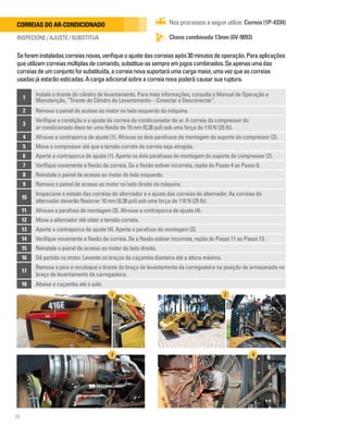 24
1
Instale o tirante do cilindro de levantamento. Para mais informações, consulte o Manual de Operação e
Manutenção, “Tirante do Cilindro de Levantamento – Conectar e Desconectar”.
2 Remova o painel de acesso ao motor no lado esquerdo da máquina.
3
Verifique a condição e o ajuste da correia do condicionador de ar. A correia do compressor do
ar-condicionado deve ter uma flexão de 10 mm (0,38 pol) sob uma força de 110 N (25 lb).
4 Afrouxe a contraporca de ajuste (1). Afrouxe os dois parafusos de montagem do suporte do compressor (2).
5 Mova o compressor até que a tensão correta da correia seja atingida.
6 Aperte a contraporca de ajuste (1). Aperte os dois parafusos de montagem do suporte do compressor (2).
7 Verifique novamente a flexão da correia. Se a flexão estiver incorreta, repita do Passo 4 ao Passo 6.
8 Reinstale o painel de acesso ao motor do lado esquerdo.
9 Remova o painel de acesso ao motor no lado direito da máquina.
10
Inspecione o estado das correias do alternador e o ajuste das correias do alternador. As correias do
alternador deverão flexionar 10 mm (0,38 pol) sob uma força de 110 N (25 lb).
11 Afrouxe o parafuso de montagem (3). Afrouxe a contraporca de ajuste (4).
12 Mova o alternador até obter a tensão correta.
13 Aperte a contraporca de ajuste (4). Aperte o parafuso de montagem (3).
14 Verifique novamente a flexão da correia. Se a flexão estiver incorreta, repita do Passo 11 ao Passo 13.
15 Reinstale o painel de acesso ao motor do lado direito.
16 Dê partida no motor. Levante os braços da caçamba dianteira até a altura máxima.
17
Remova o pino e recoloque o tirante do braço de levantamento da carregadeira na posição de armazenada no
braço de levantamento da carregadeira.
18 Abaixe a caçamba até o solo.
Correias do ar-condicionado
INSPECIONE / AJUSTE / SUBSTITUA Chave combinada 13mm (6V-9093)
Nos processos a seguir utilize: Correia (1P-4334)
1 2
Seforeminstaladascorreiasnovas,verifiqueoajustedascorreiasapós30minutosdeoperação.Paraaplicações
queutilizamcorreiasmúltiplasdecomando,substitua-assempreemjogoscombinados.Seapenasumadas
correiasdeumconjuntoforsubstituída,acorreianovasuportaráumacargamaior,umavezqueascorreias
usadasjáestarãoesticadas.Acargaadicionalsobreacorreianovapoderácausarsuaruptura.
3 4
3
1
2
4
 