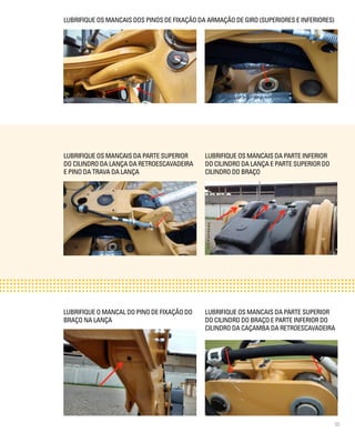 33
LUBRIFIQUE OS MANCAIS DOS PINOS DE FIXAÇÃO DA ARMAÇÃO DE GIRO (SUPERIORES E INFERIORES)
LUBRIFIQUE OS MANCAIS DA PARTE SUPERIOR
DO CILINDRO DA LANÇA DA RETROESCAVADEIRA
E PINO DA TRAVA DA LANÇA
LUBRIFIQUE OS MANCAIS DA PARTE INFERIOR
DO CILINDRO DA LANÇA E PARTE SUPERIOR DO
CILINDRO DO BRAÇO
LUBRIFIQUE O MANCAL DO PINO DE FIXAÇÃO DO
BRAÇO NA LANÇA
LUBRIFIQUE OS MANCAIS DA PARTE SUPERIOR
DO CILINDRO DO BRAÇO E PARTE INFERIOR DO
CILINDRO DA CAÇAMBA DA RETROESCAVADEIRA
 